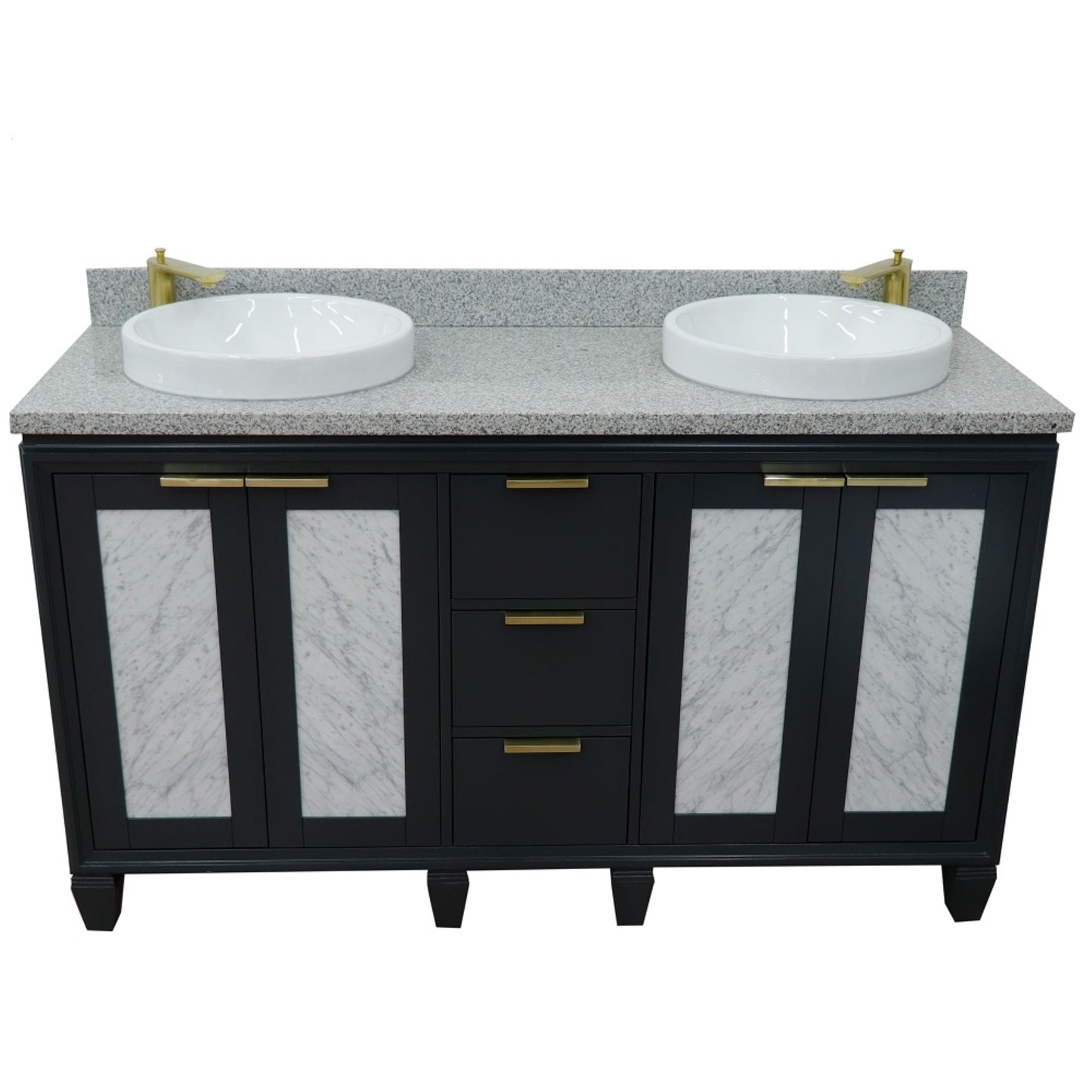 61" Double sink vanity in Dark Gray finish with Gray granite and round sink