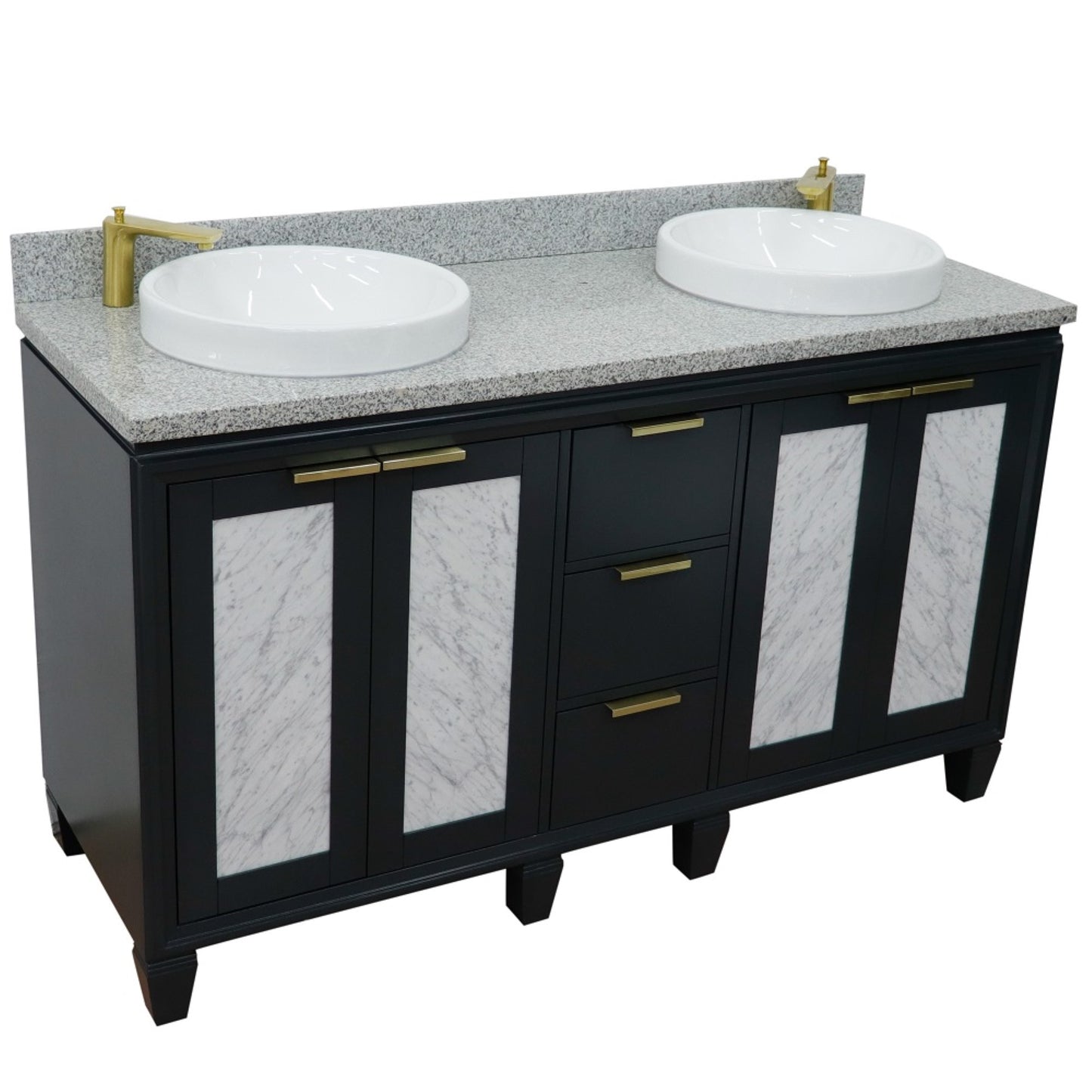 61" Double sink vanity in Dark Gray finish with Gray granite and round sink