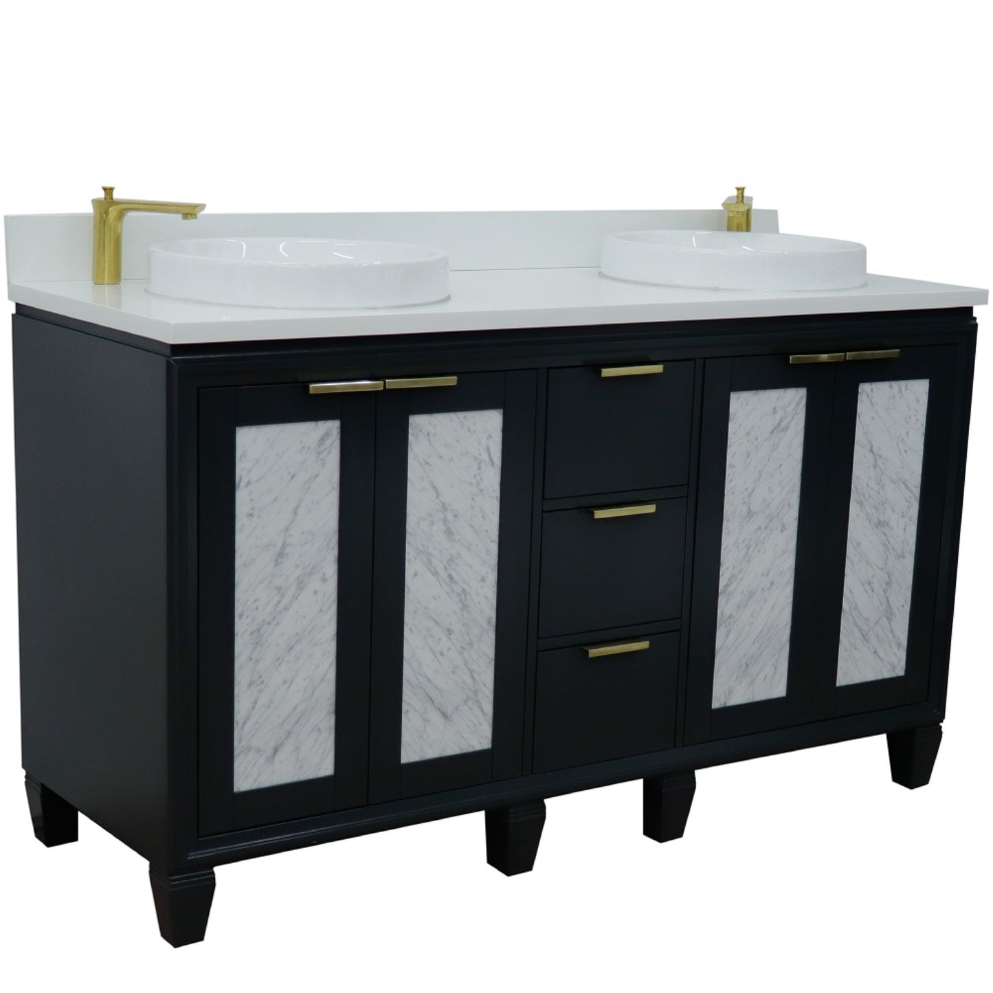 61" Double sink vanity in Dark Gray finish with White engineered stone and round sink