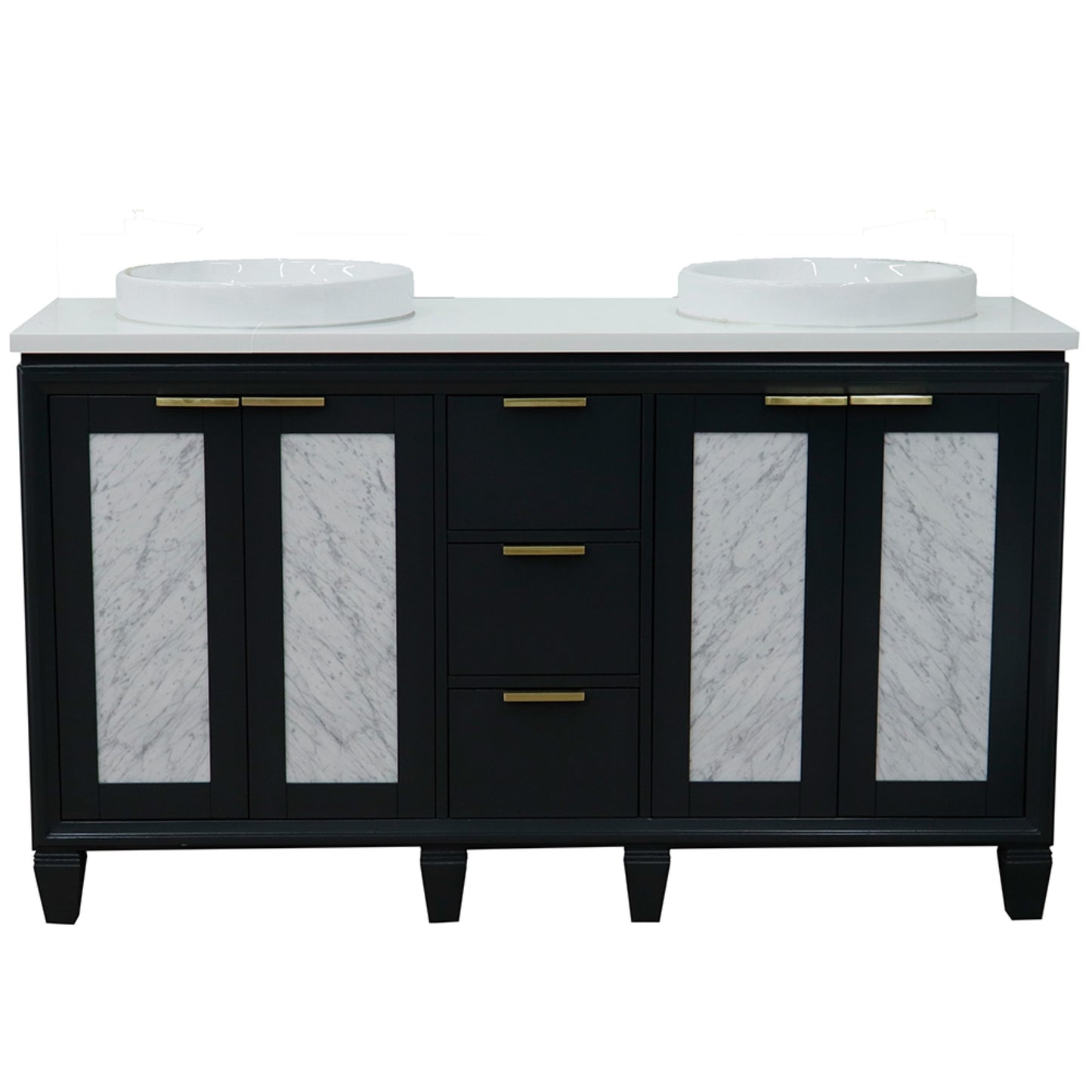 61" Double sink vanity in Dark Gray finish with White engineered stone and round sink