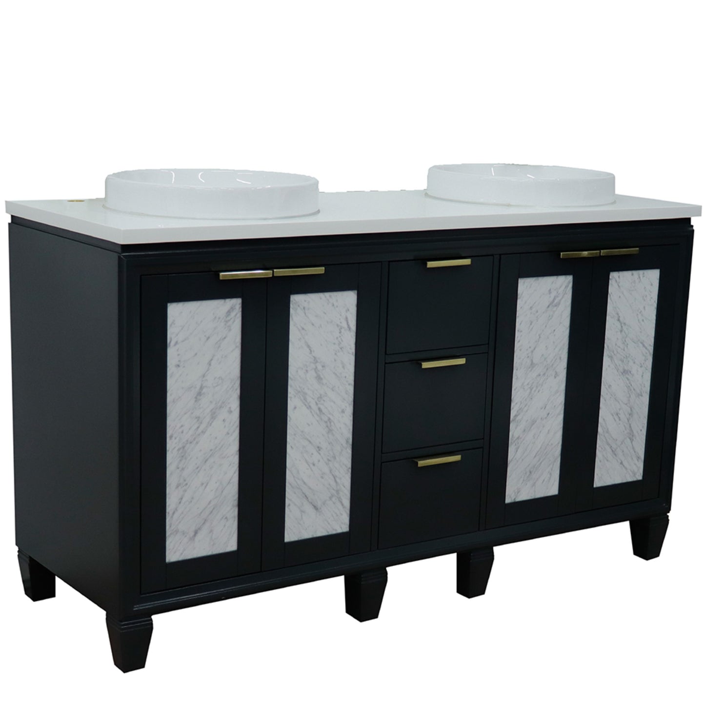 61" Double sink vanity in Dark Gray finish with White engineered stone and round sink