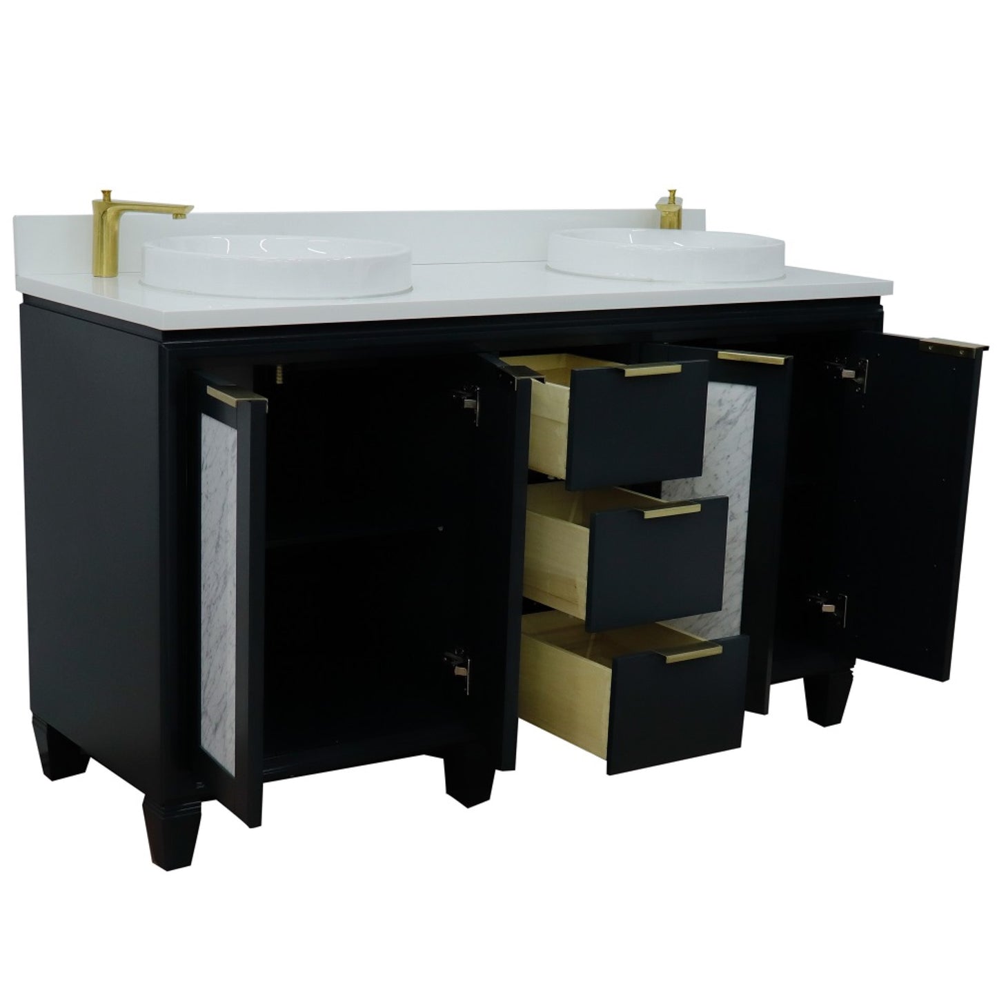 61" Double sink vanity in Dark Gray finish with White engineered stone and round sink