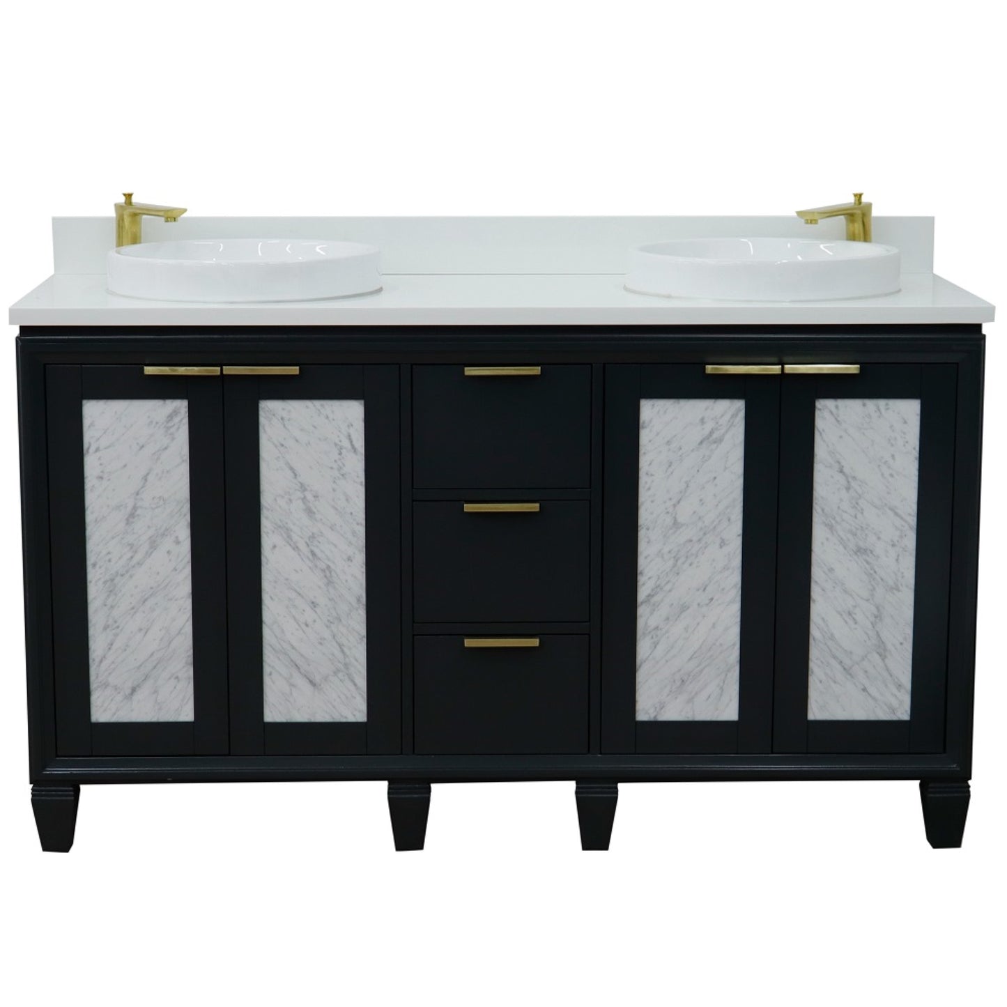61" Double sink vanity in Dark Gray finish with White engineered stone and round sink
