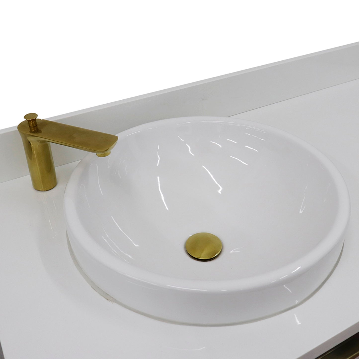 61" Double sink vanity in Dark Gray finish with White engineered stone and round sink