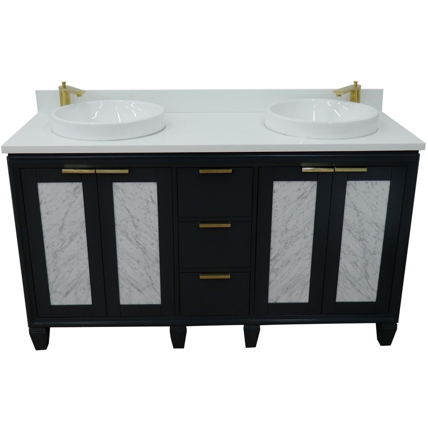 61" Double sink vanity in Dark Gray finish with White engineered stone and round sink