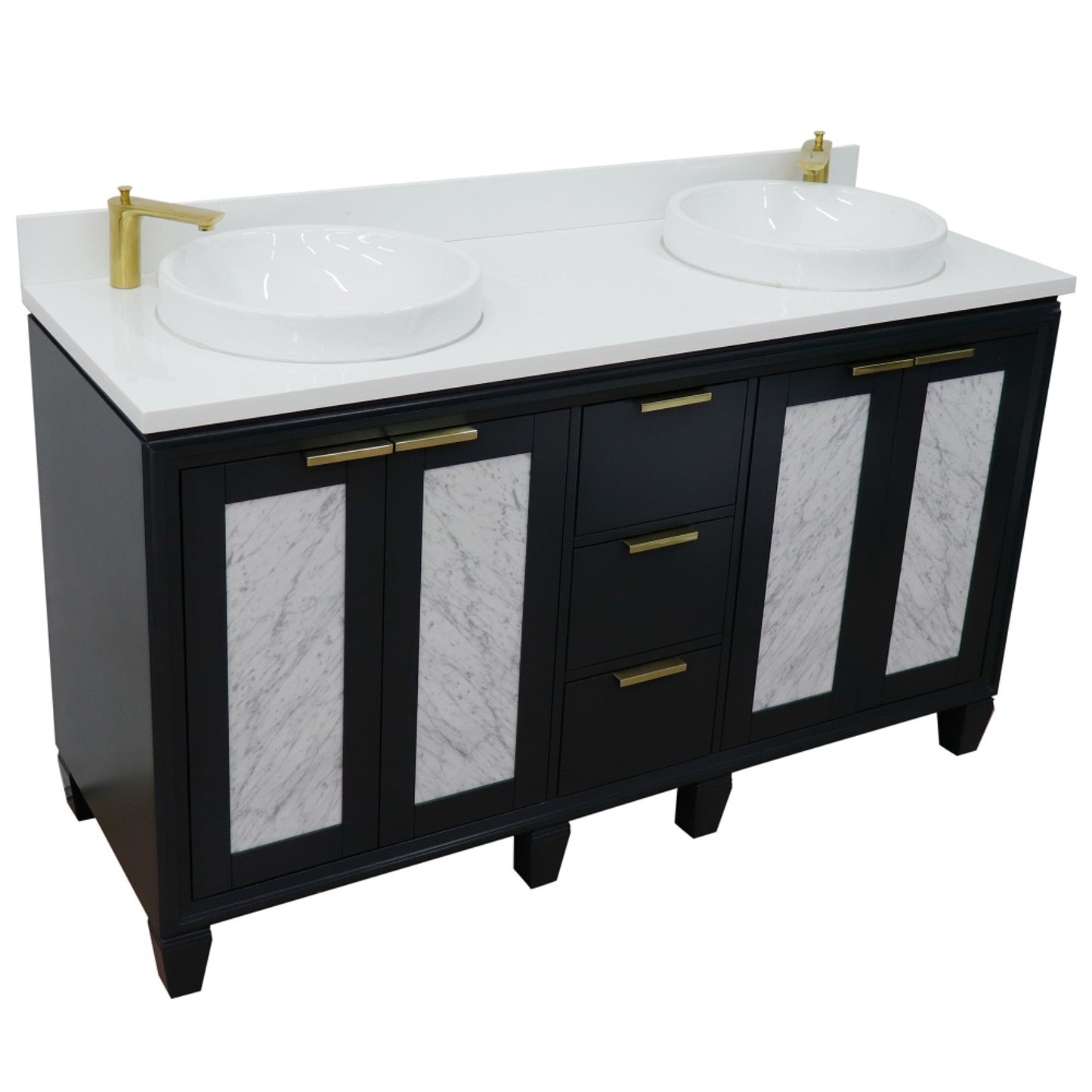 61" Double sink vanity in Dark Gray finish with White engineered stone and round sink