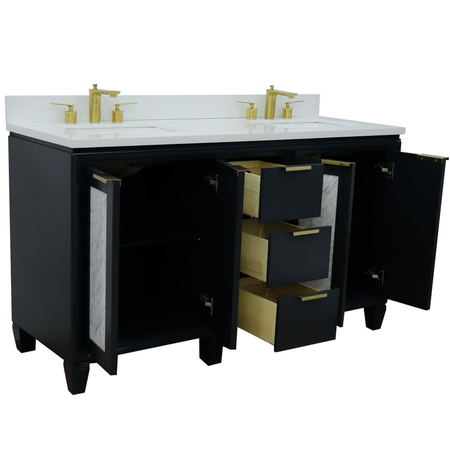 61" Double sink vanity in Dark Gray finish with White engineered stone and rectangle sink