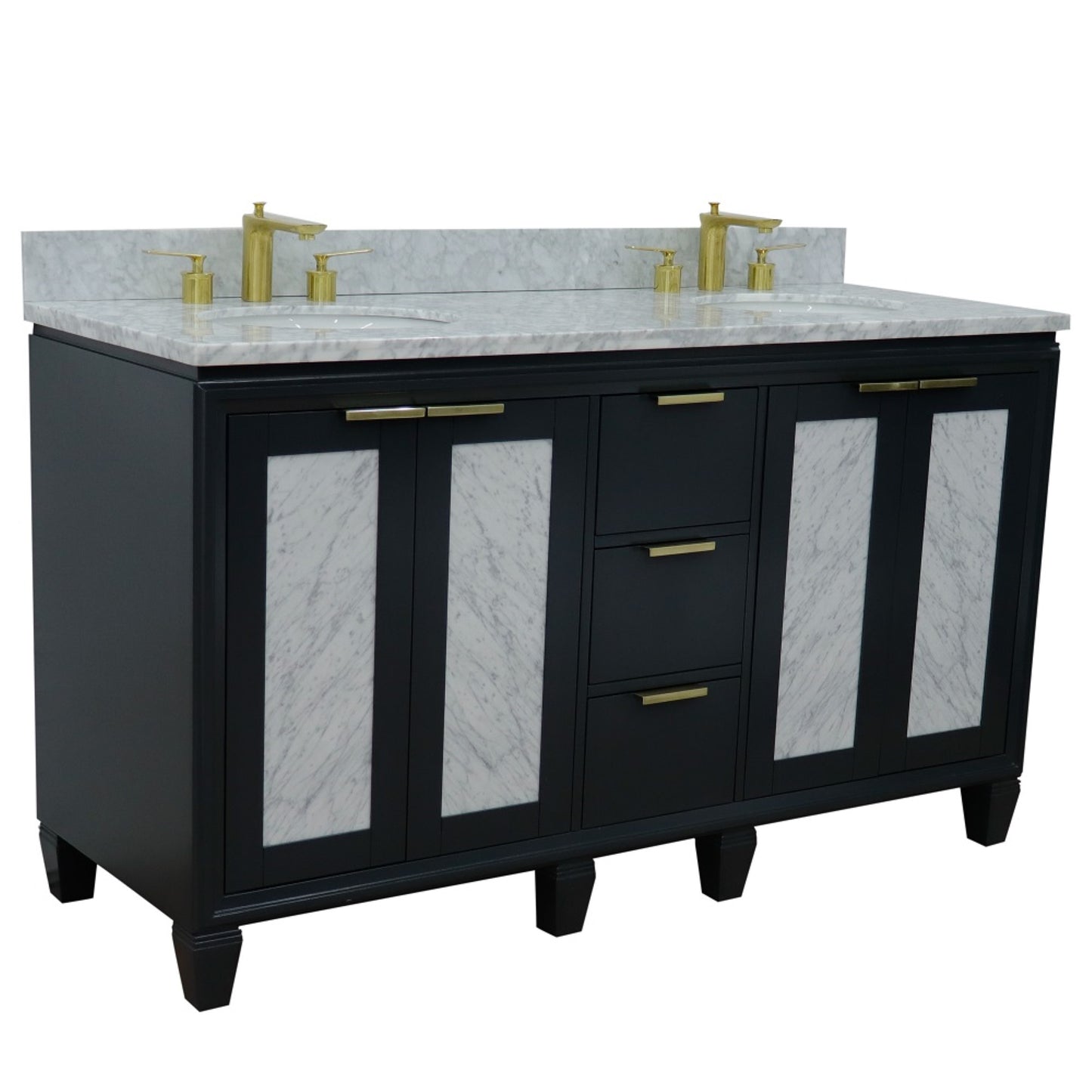 61" Double sink vanity in Dark Gray finish with White Carrara marble and oval sink