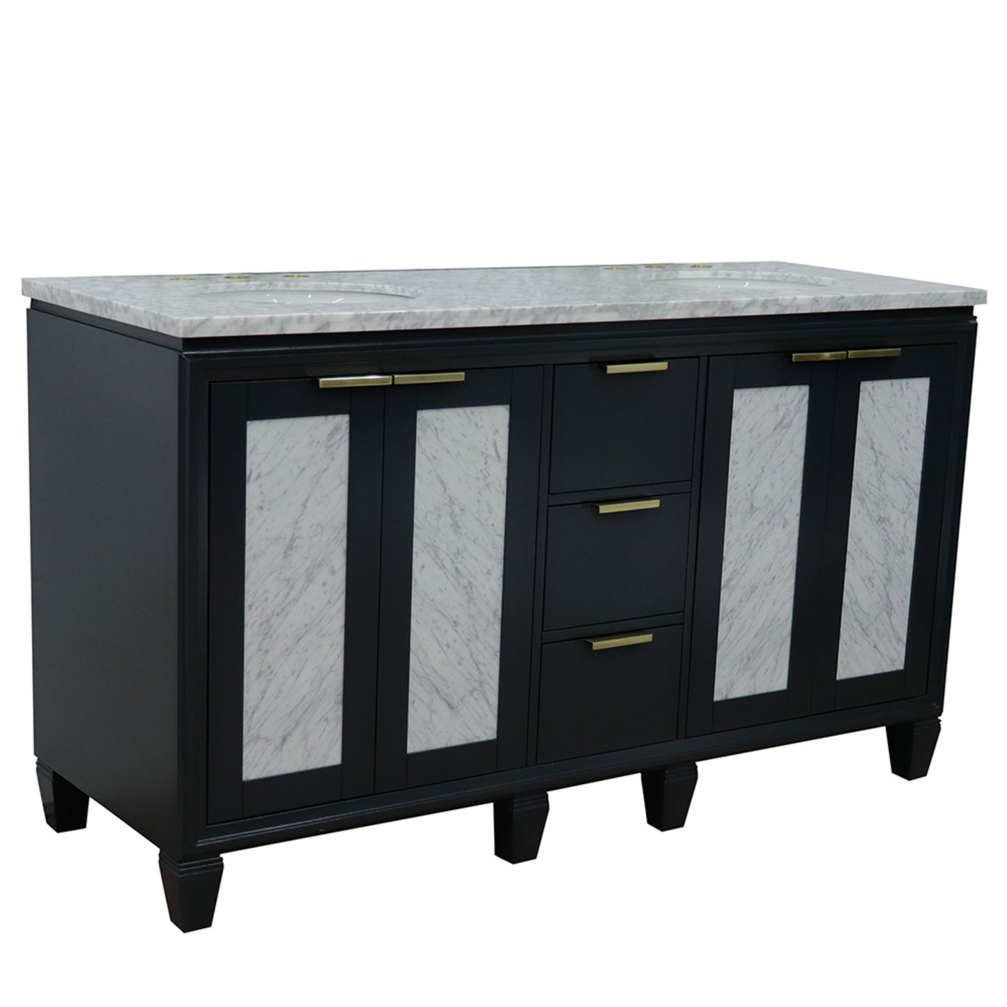 61" Double sink vanity in Dark Gray finish with White Carrara marble and oval sink