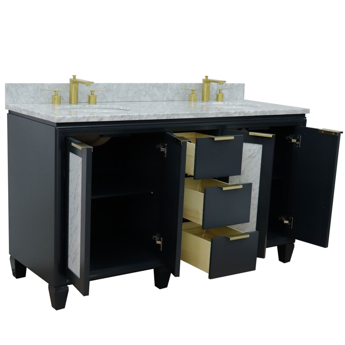 61" Double sink vanity in Dark Gray finish with White Carrara marble and oval sink