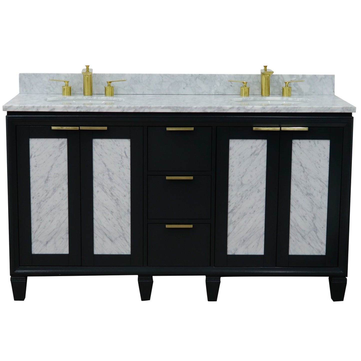 61" Double sink vanity in Dark Gray finish with White Carrara marble and oval sink