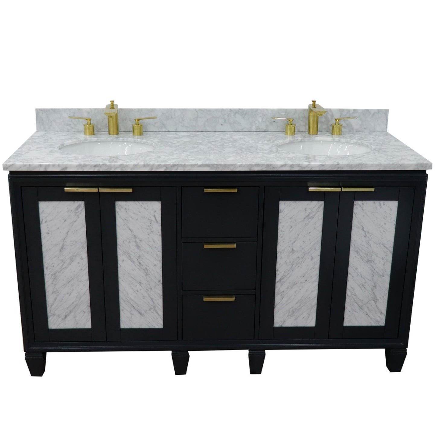 61" Double sink vanity in Dark Gray finish with White Carrara marble and oval sink