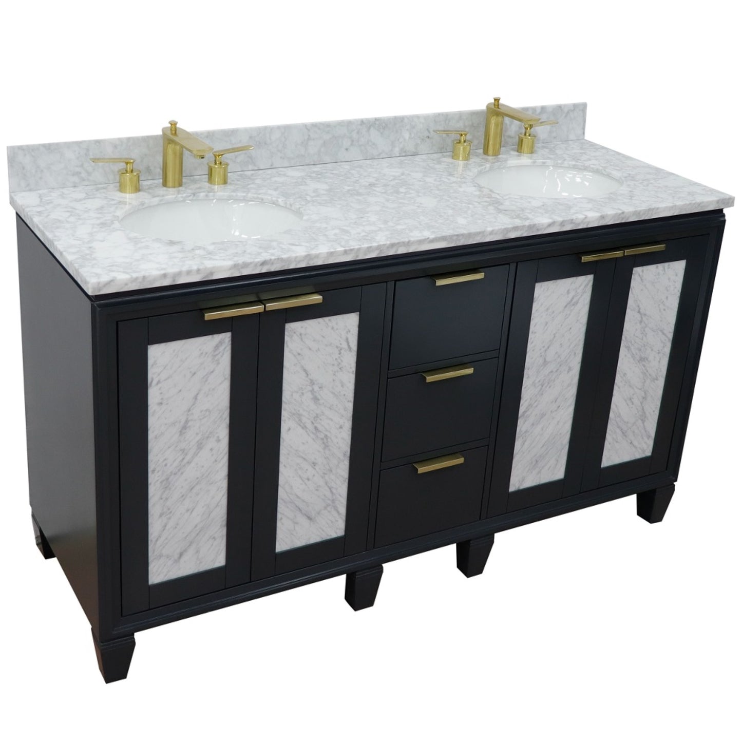 61" Double sink vanity in Dark Gray finish with White Carrara marble and oval sink