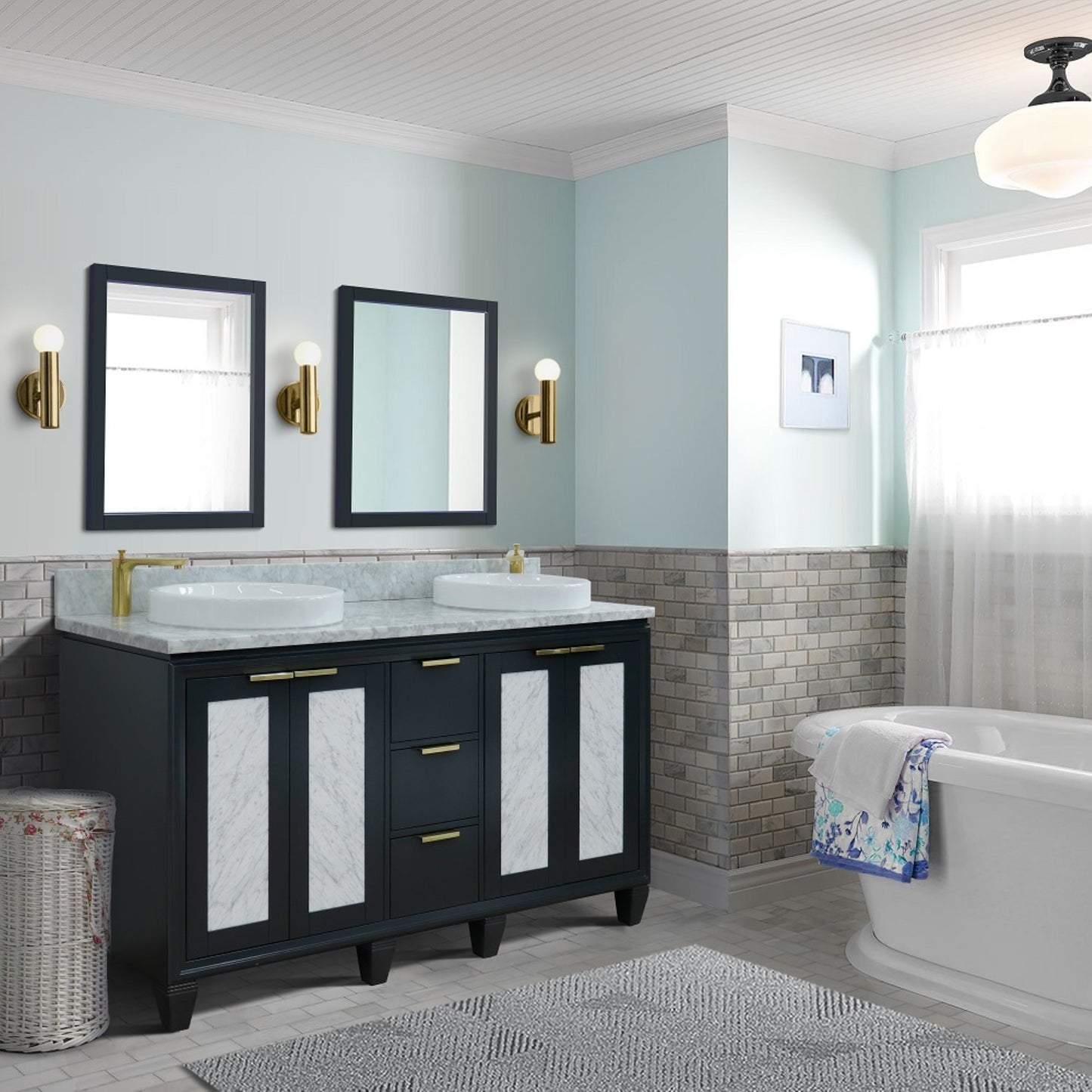 61" Double sink vanity in Dark Gray finish with White Carrara marble and round sink