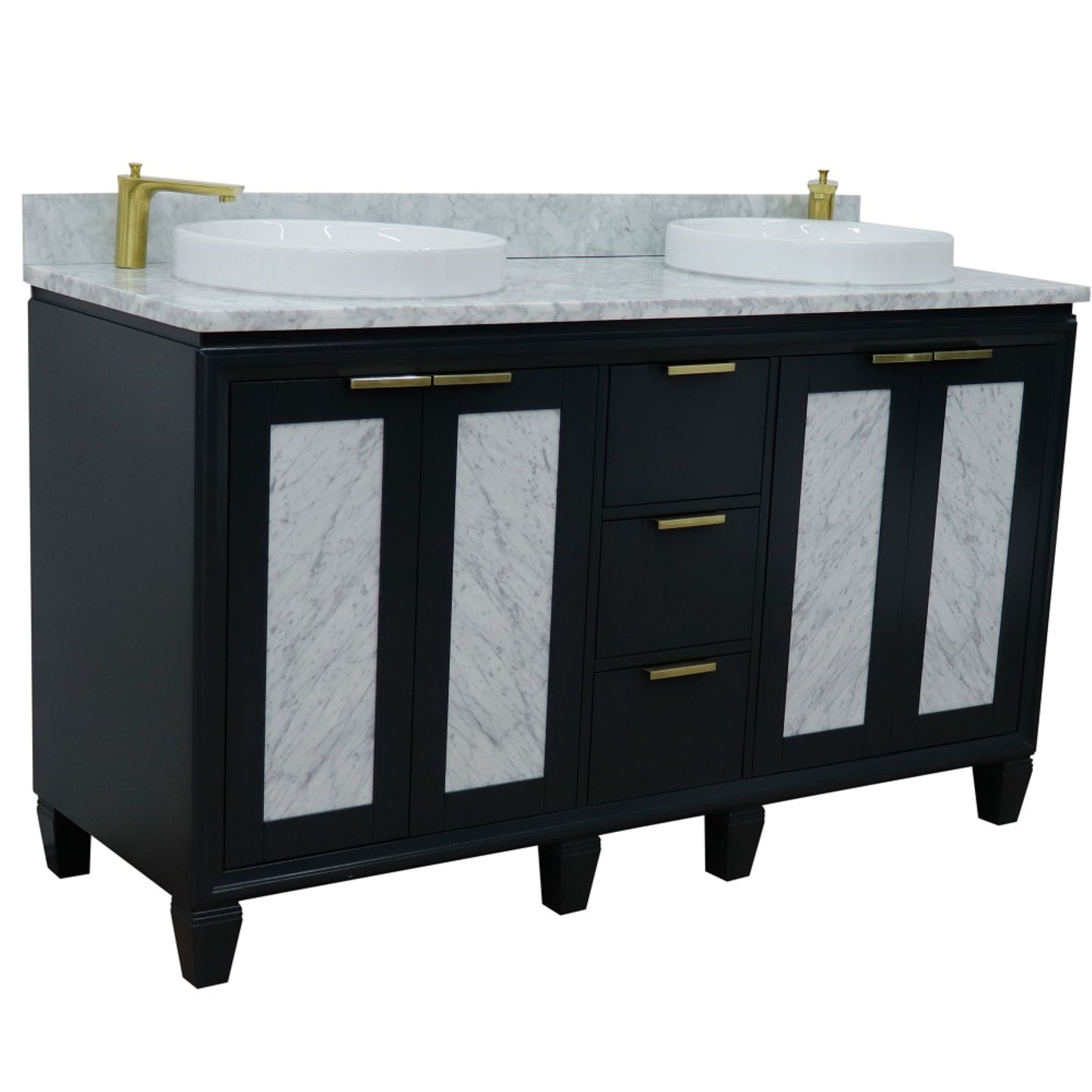 61" Double sink vanity in Dark Gray finish with White Carrara marble and round sink