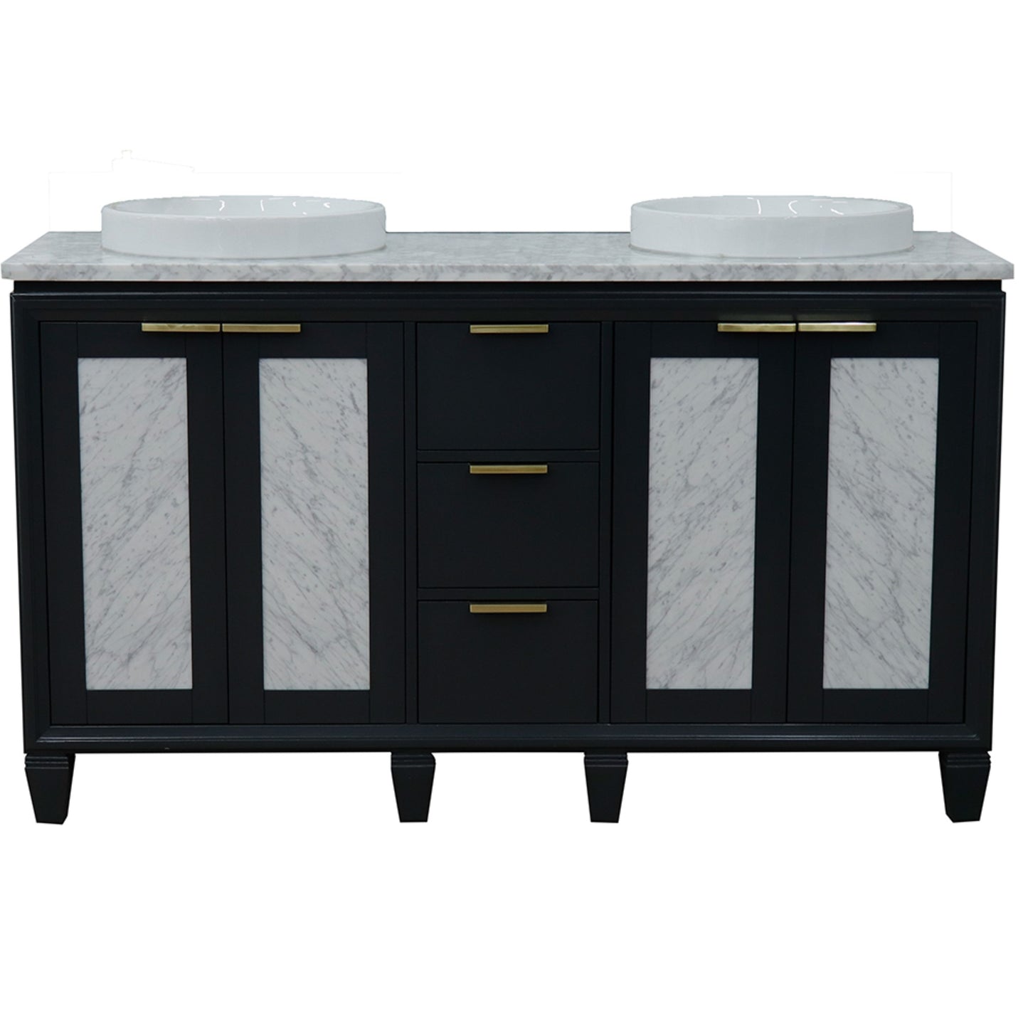 61" Double sink vanity in Dark Gray finish with White Carrara marble and round sink