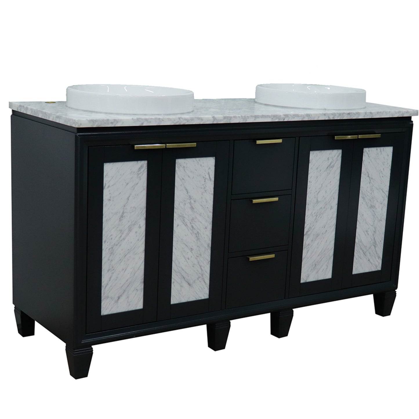 61" Double sink vanity in Dark Gray finish with White Carrara marble and round sink