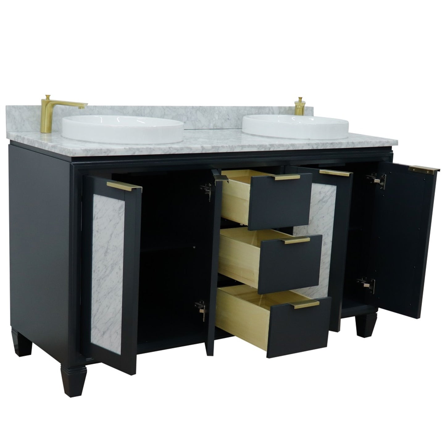 61" Double sink vanity in Dark Gray finish with White Carrara marble and round sink