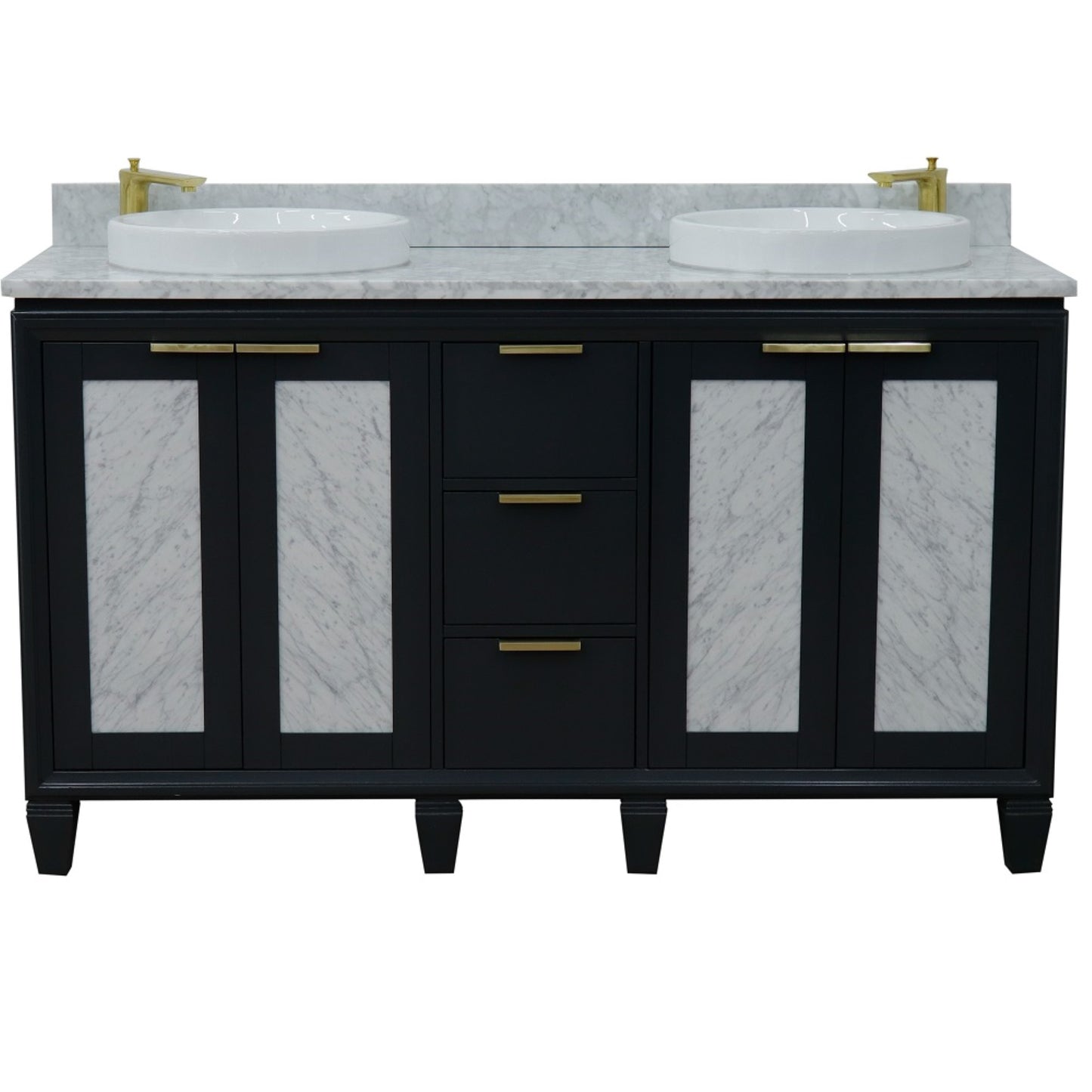 61" Double sink vanity in Dark Gray finish with White Carrara marble and round sink