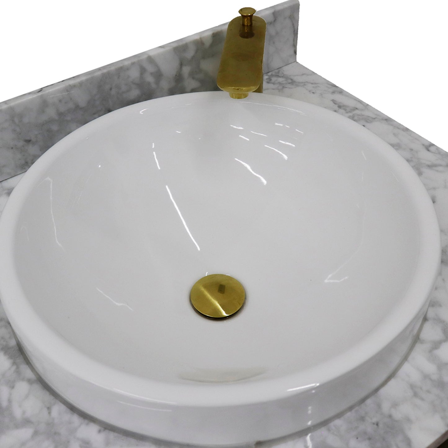 61" Double sink vanity in Dark Gray finish with White Carrara marble and round sink