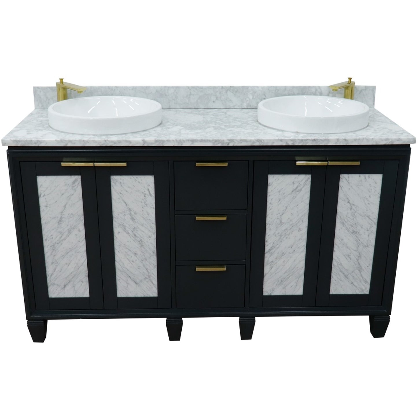 61" Double sink vanity in Dark Gray finish with White Carrara marble and round sink
