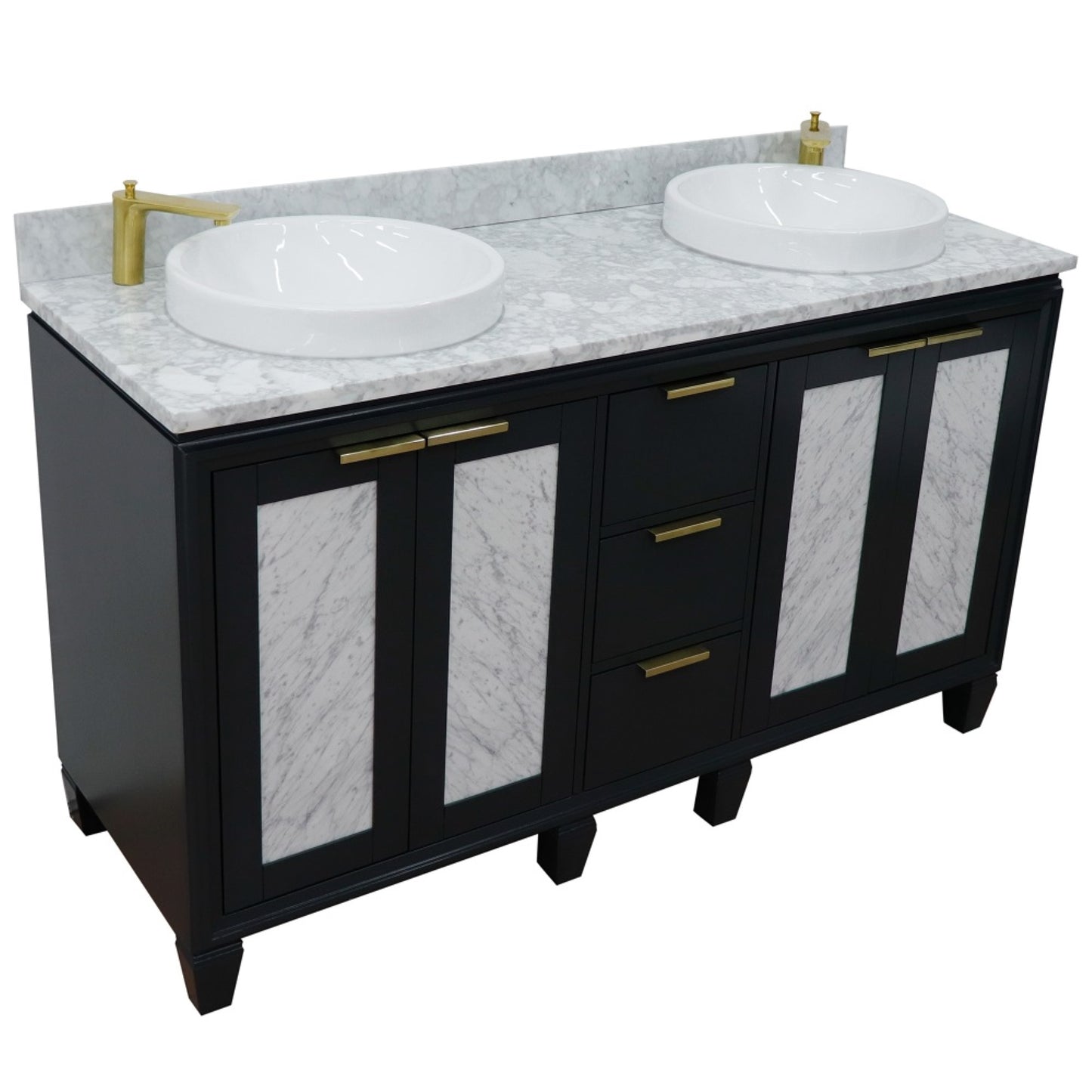 61" Double sink vanity in Dark Gray finish with White Carrara marble and round sink