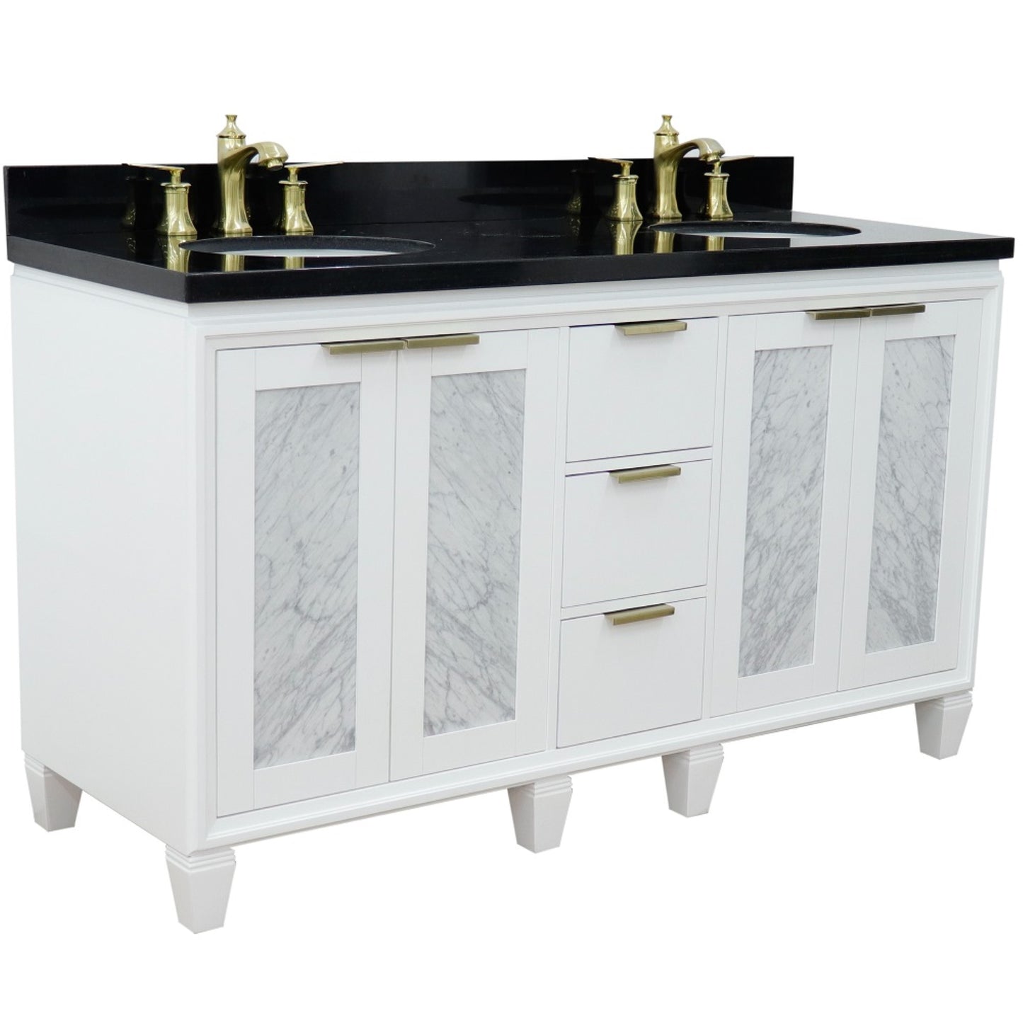 61" Double sink vanity in White finish with Black galaxy granite and oval sink