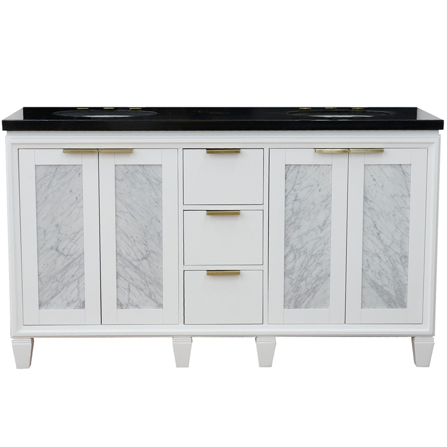 61" Double sink vanity in White finish with Black galaxy granite and oval sink