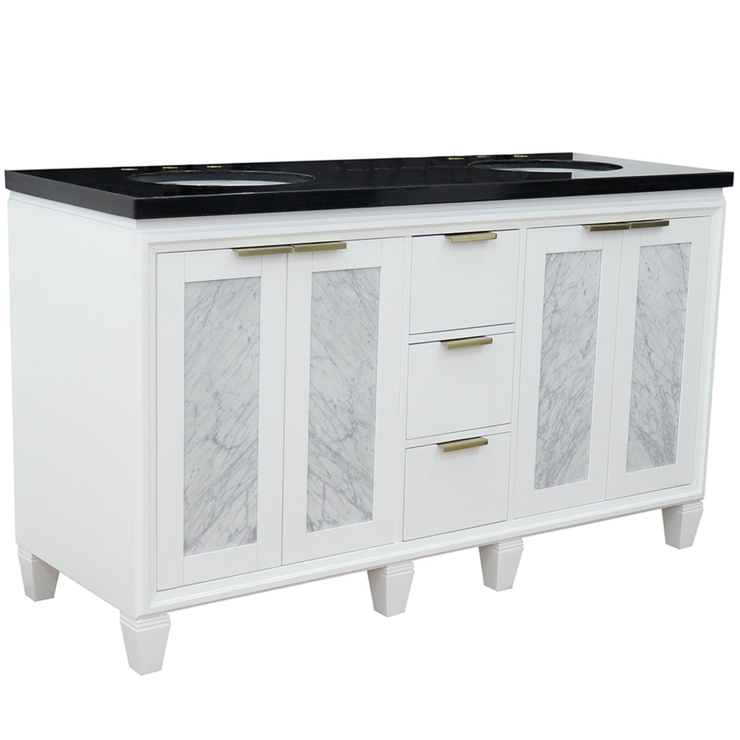 61" Double sink vanity in White finish with Black galaxy granite and oval sink