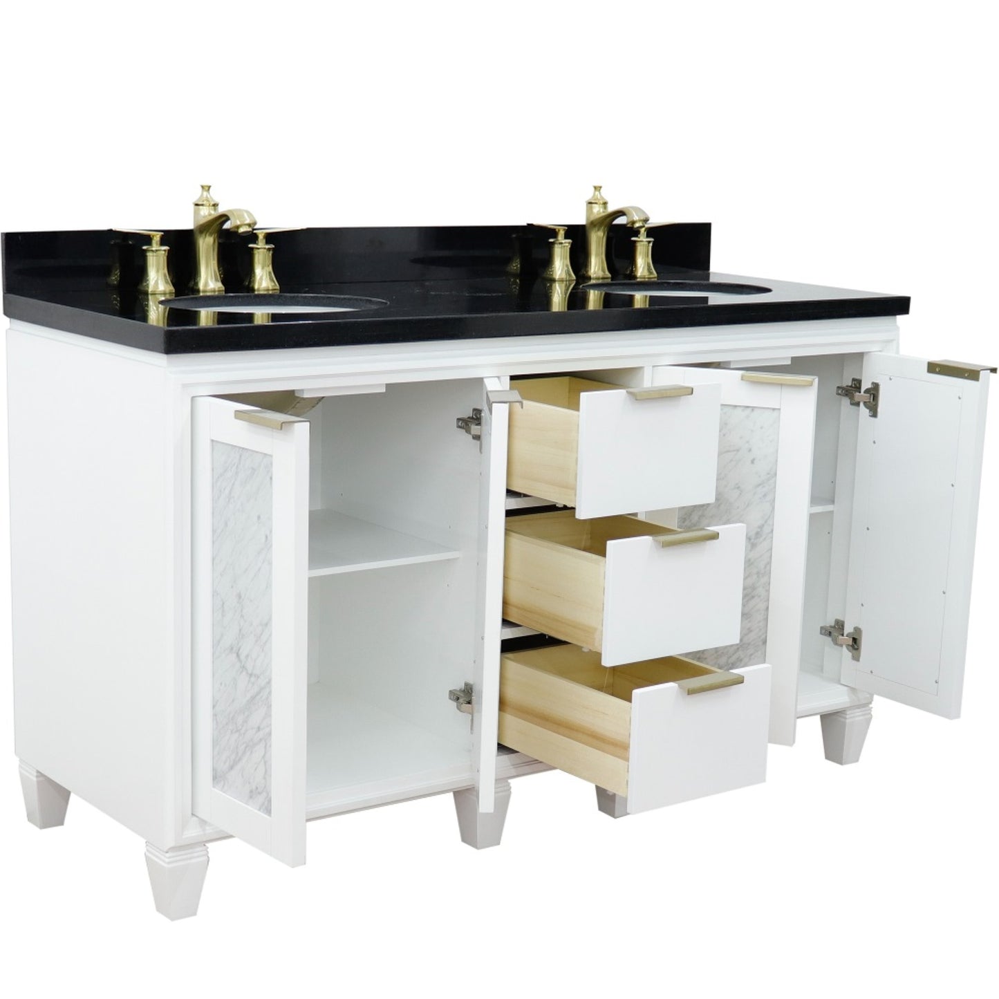 61" Double sink vanity in White finish with Black galaxy granite and oval sink