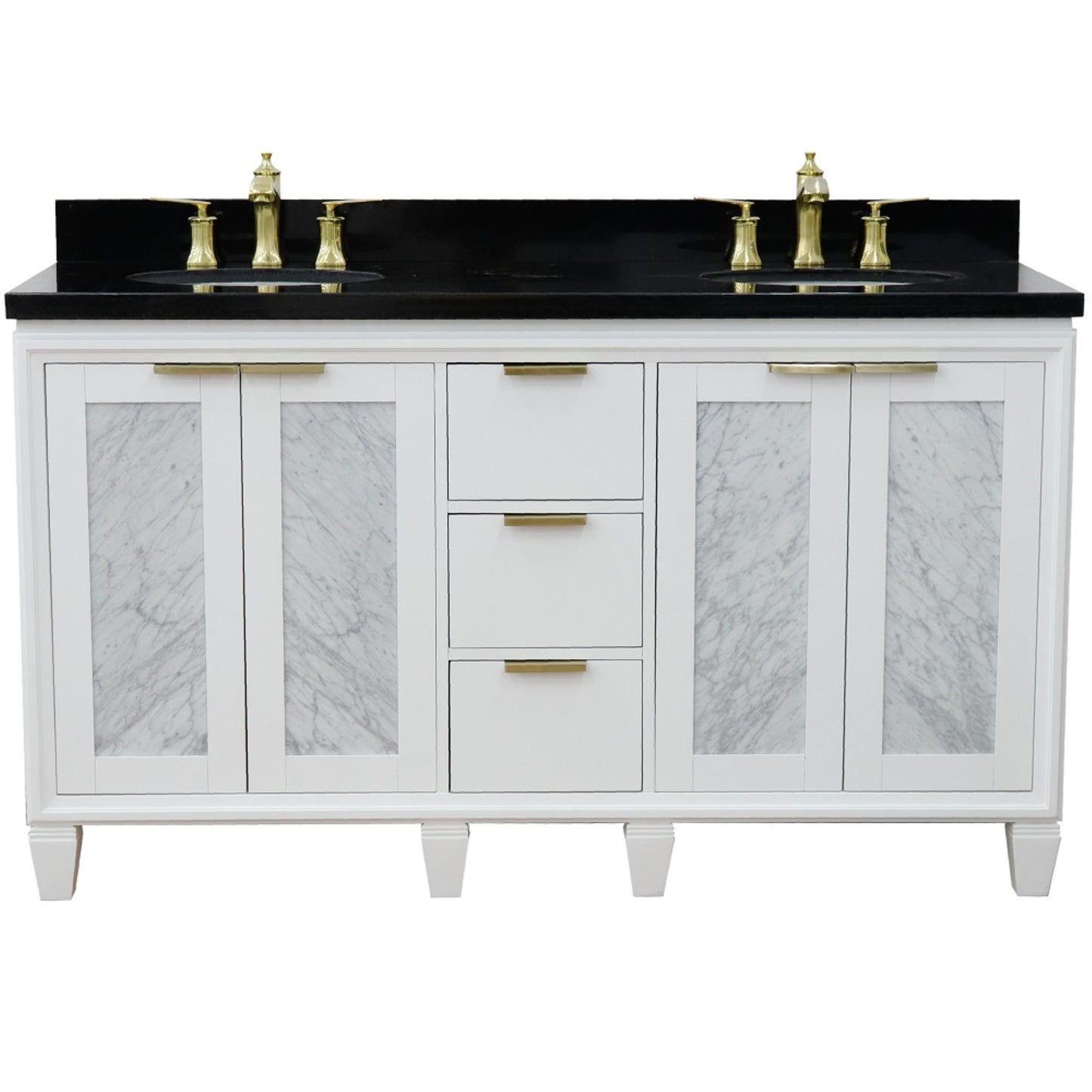 61" Double sink vanity in White finish with Black galaxy granite and oval sink