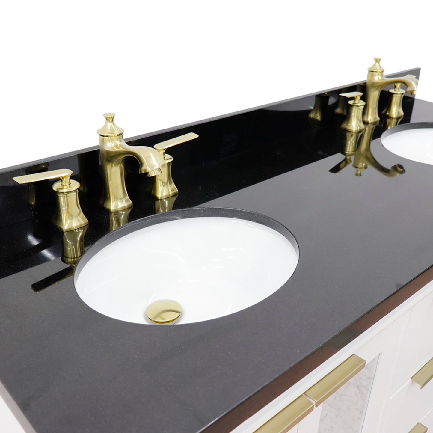 61" Double sink vanity in White finish with Black galaxy granite and oval sink