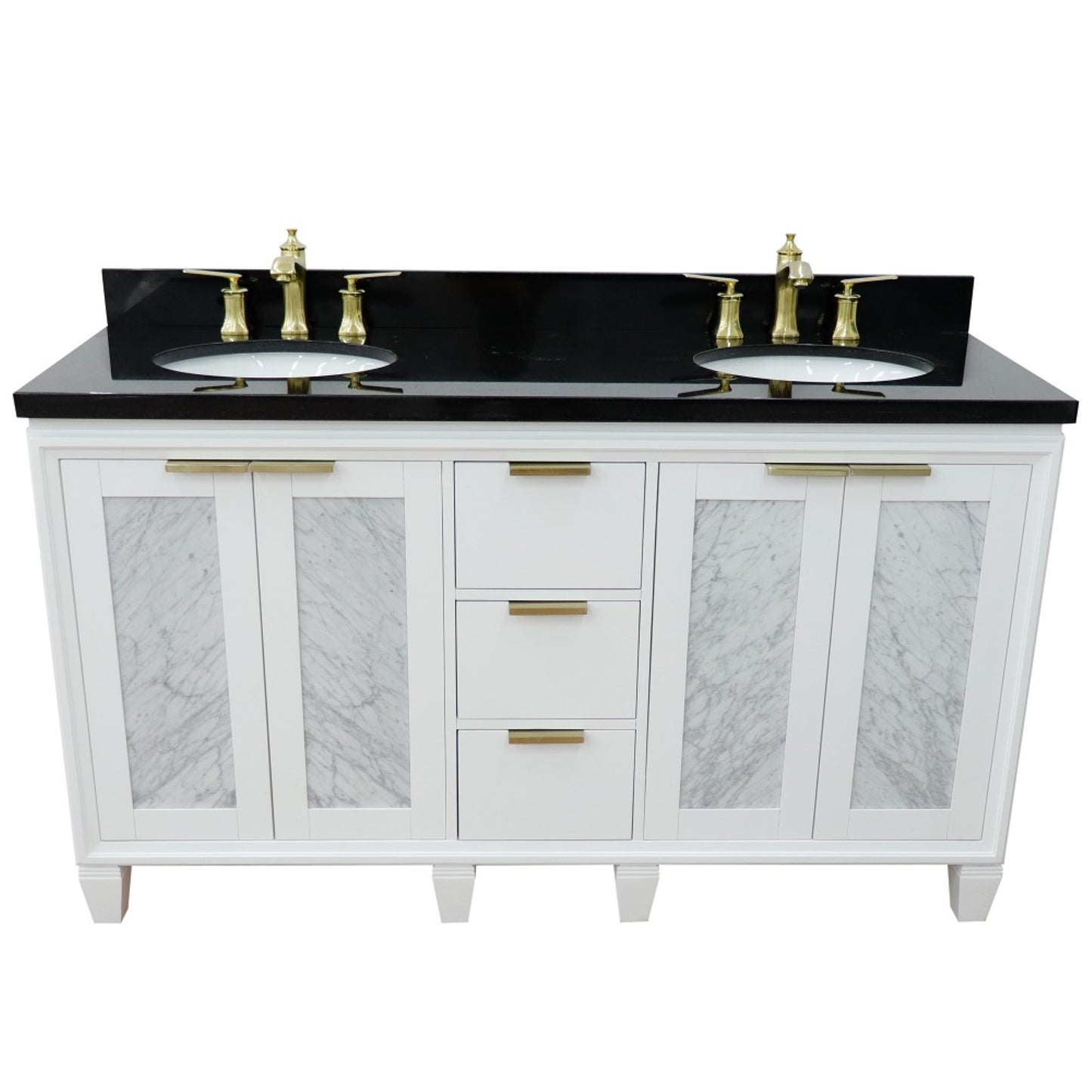 61" Double sink vanity in White finish with Black galaxy granite and oval sink