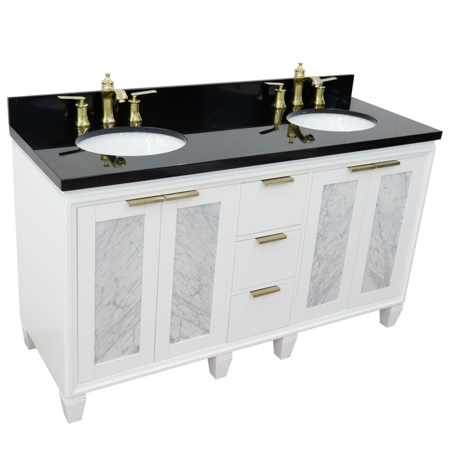 61" Double sink vanity in White finish with Black galaxy granite and oval sink