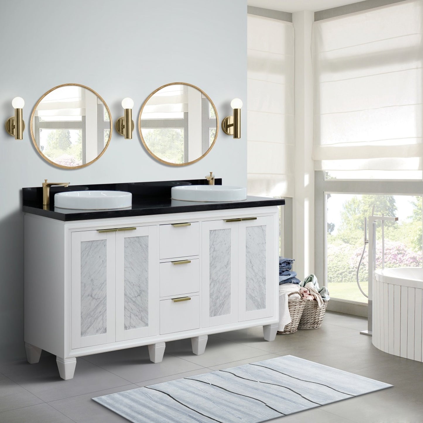 61" Double sink vanity in White finish with Black galaxy granite and round sink