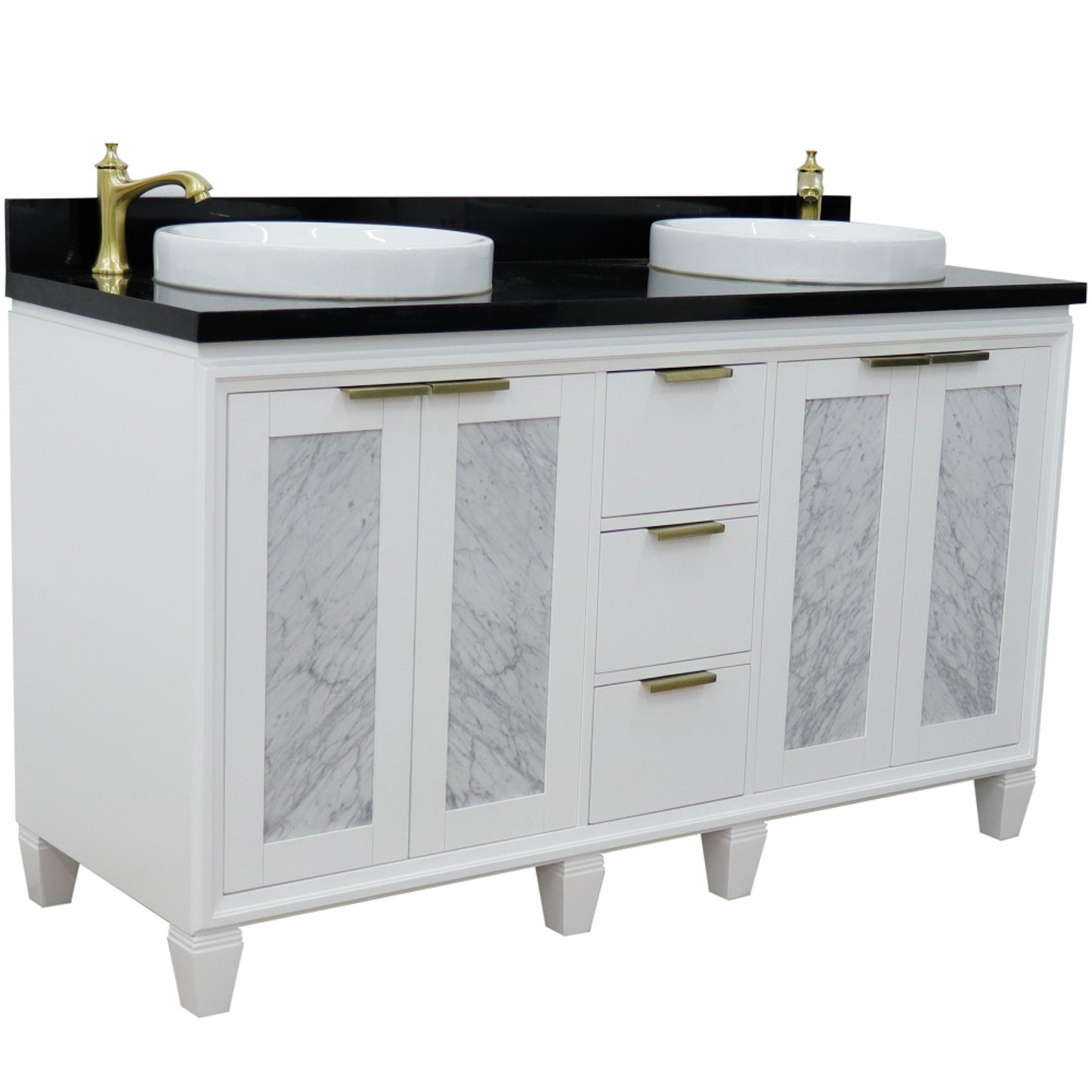 61" Double sink vanity in White finish with Black galaxy granite and round sink