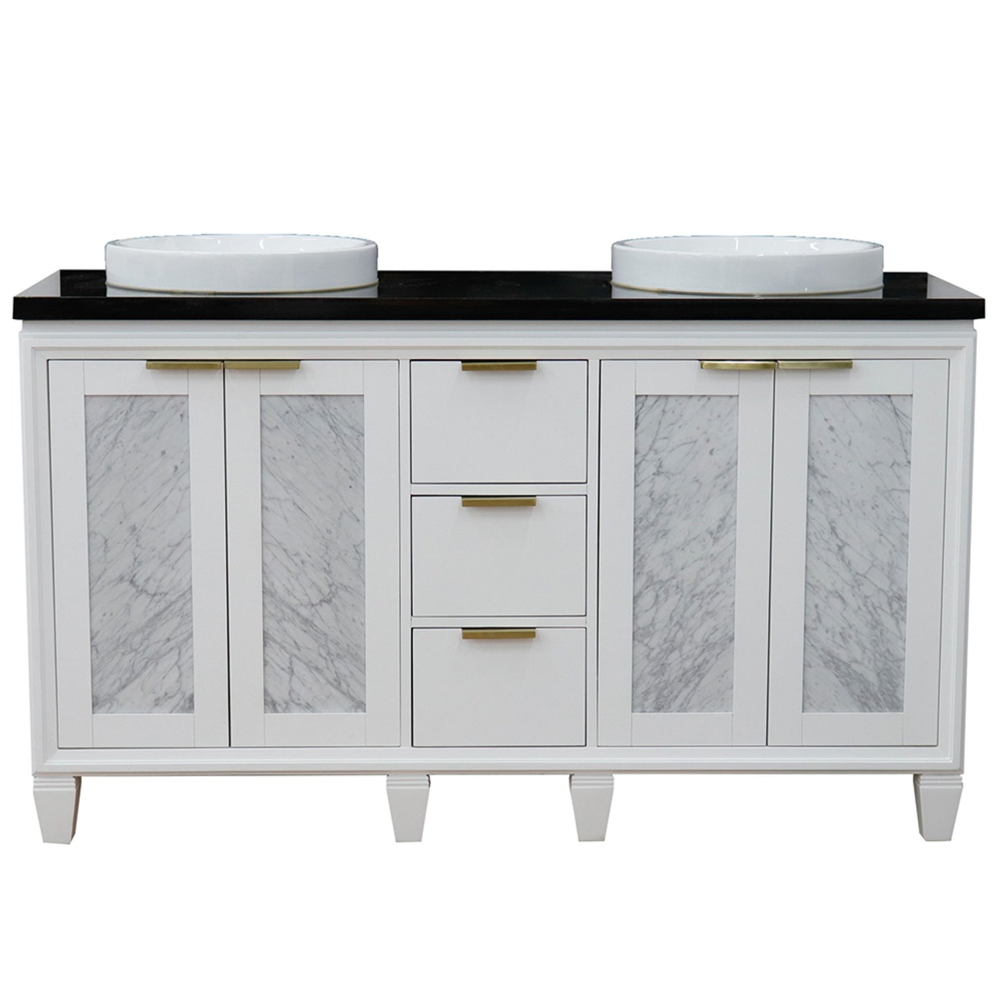 61" Double sink vanity in White finish with Black galaxy granite and round sink
