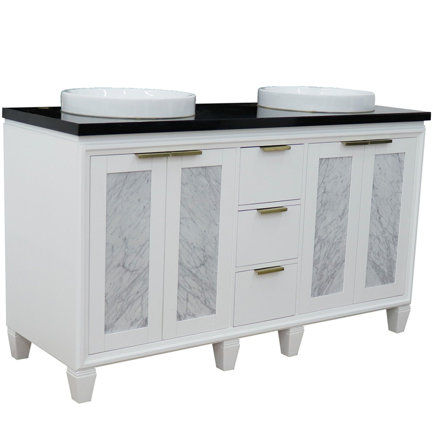 61" Double sink vanity in White finish with Black galaxy granite and round sink