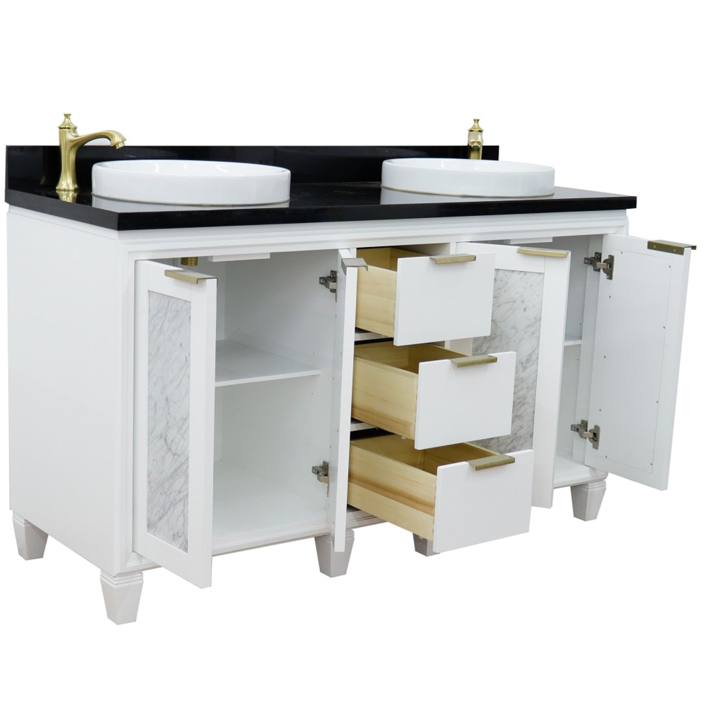 61" Double sink vanity in White finish with Black galaxy granite and round sink