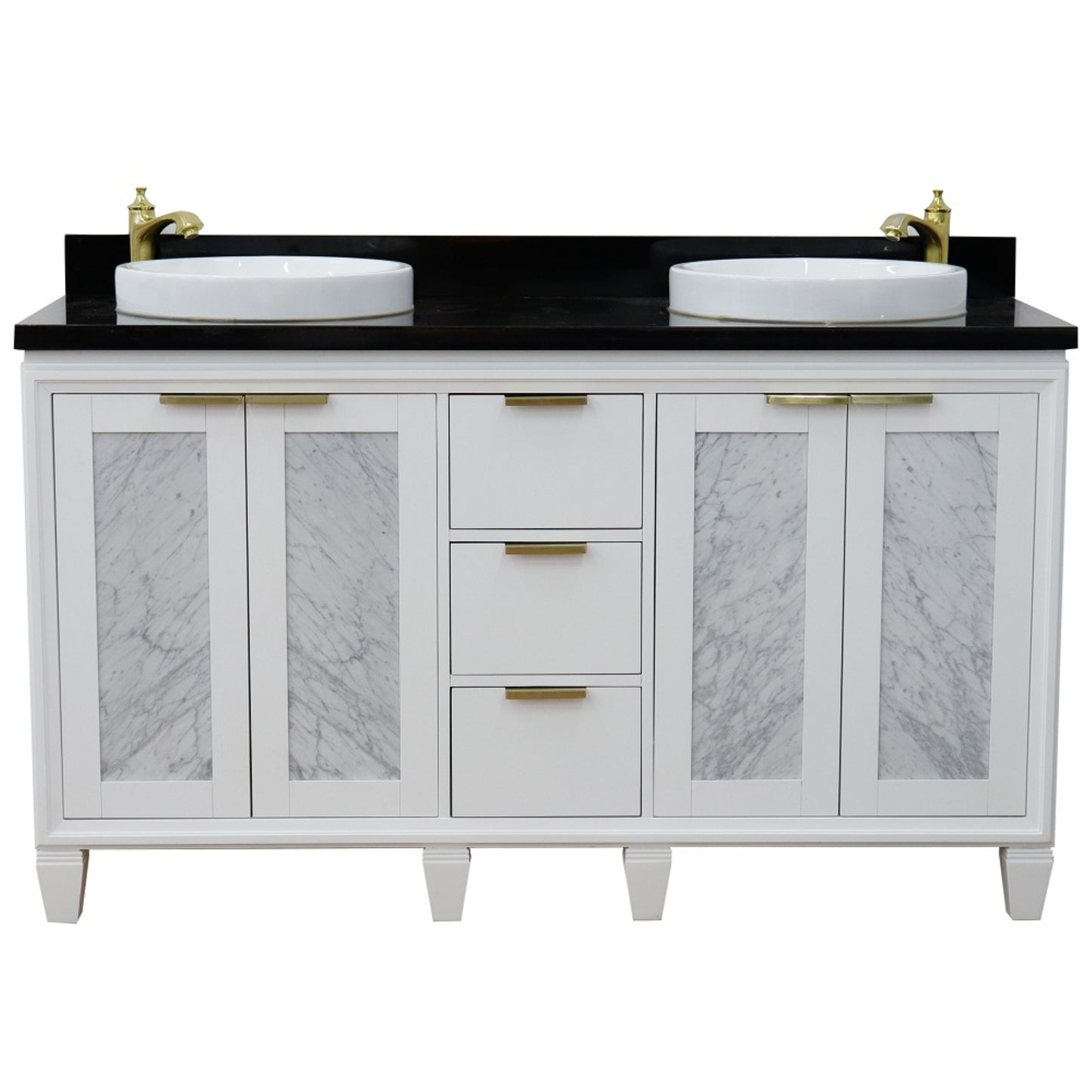 61" Double sink vanity in White finish with Black galaxy granite and round sink