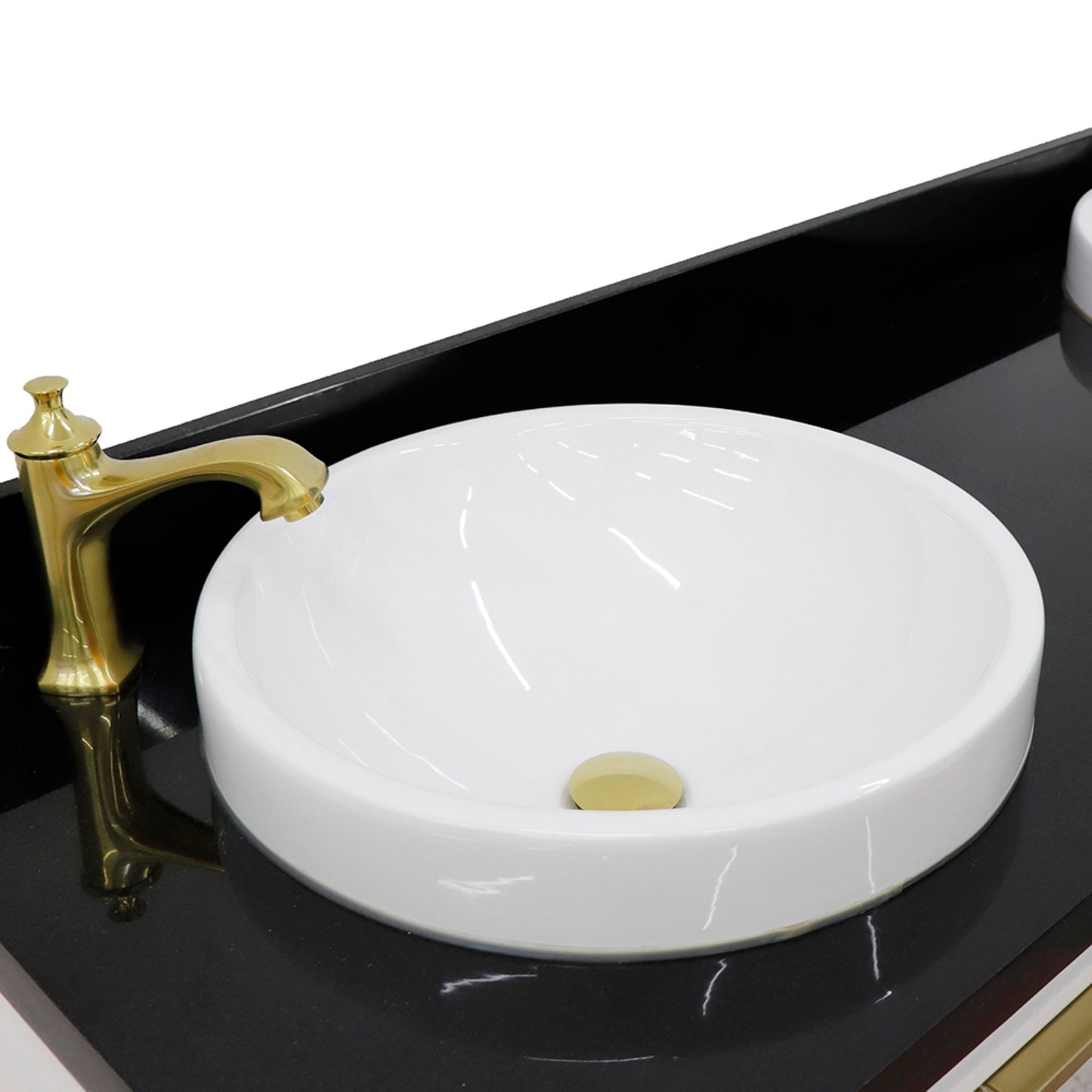 61" Double sink vanity in White finish with Black galaxy granite and round sink