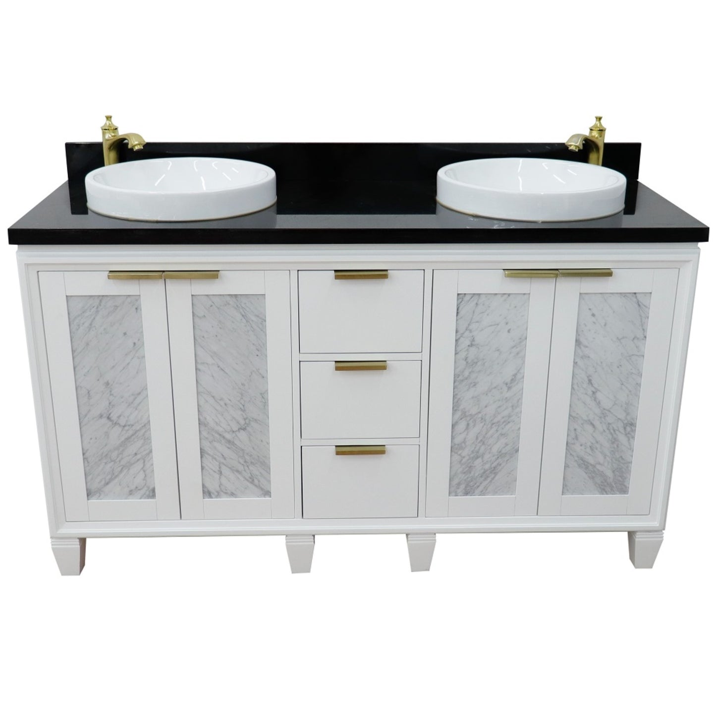 61" Double sink vanity in White finish with Black galaxy granite and round sink