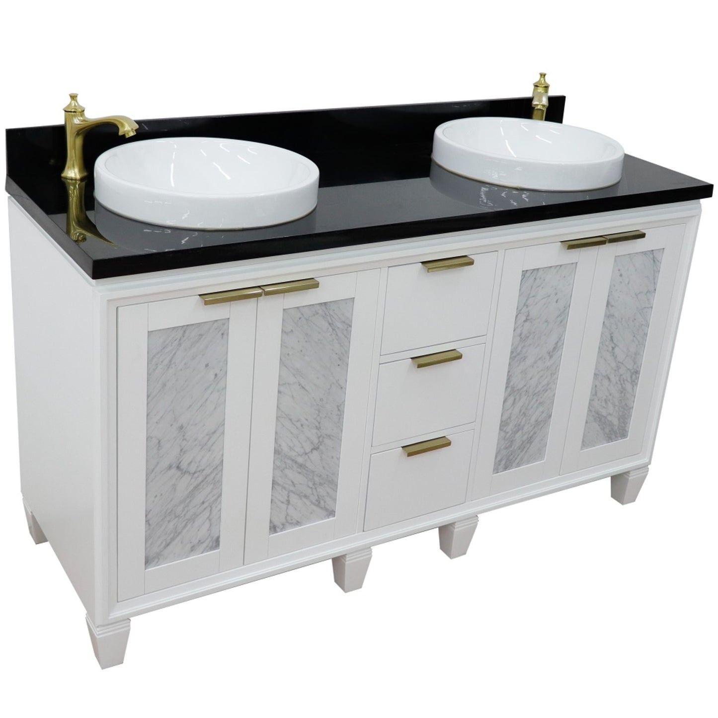 61" Double sink vanity in White finish with Black galaxy granite and round sink