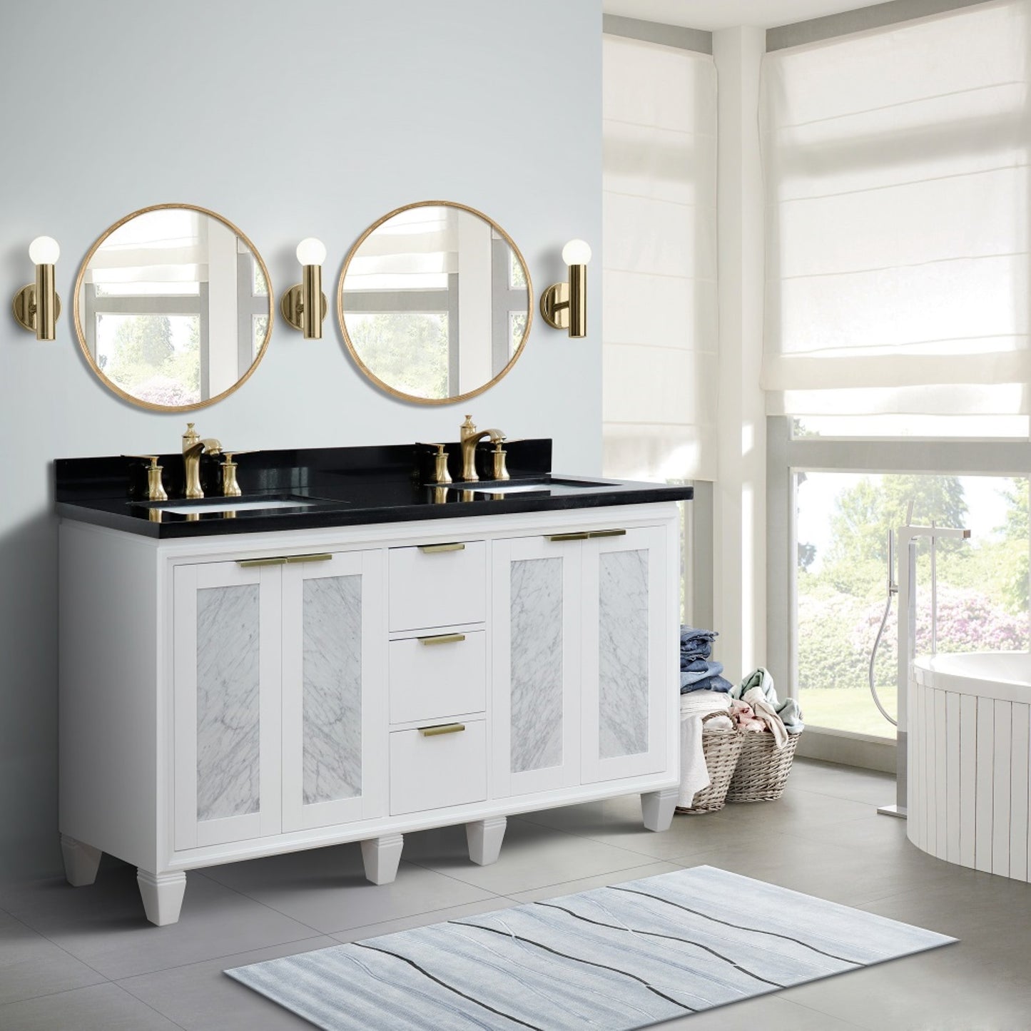 61" Double sink vanity in White finish with Black galaxy granite and rectangle sink