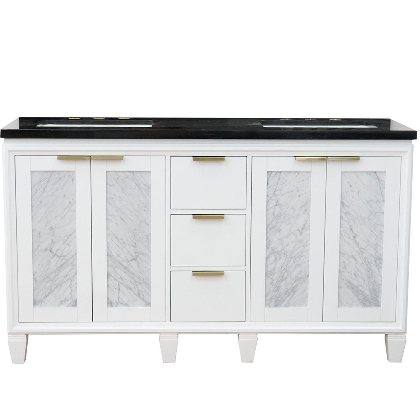 61" Double sink vanity in White finish with Black galaxy granite and rectangle sink