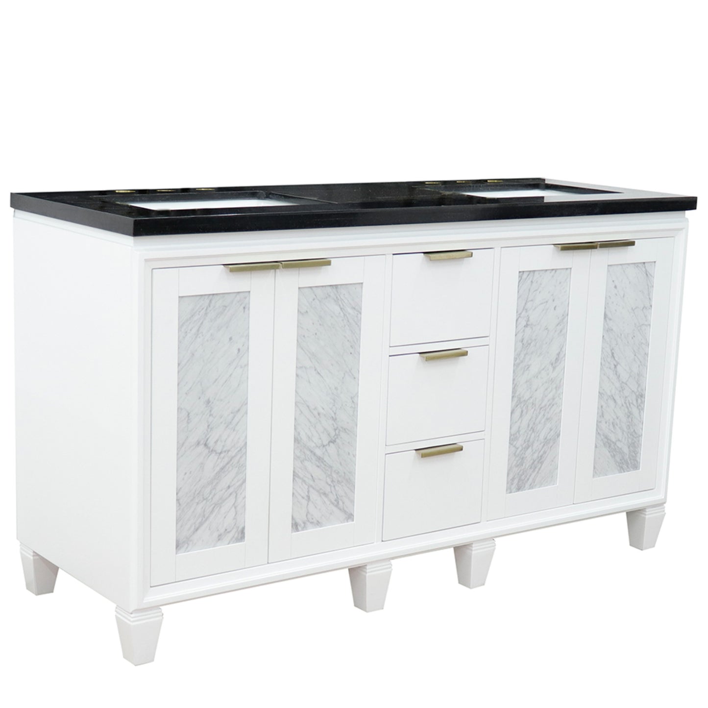 61" Double sink vanity in White finish with Black galaxy granite and rectangle sink