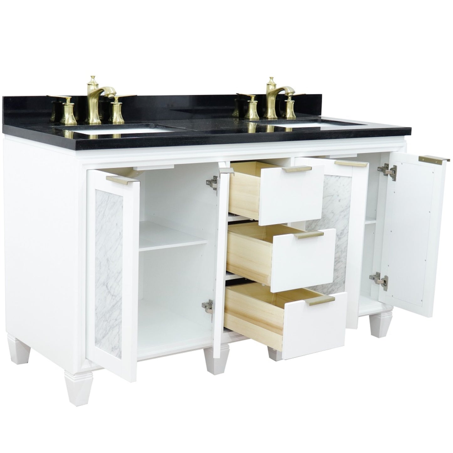 61" Double sink vanity in White finish with Black galaxy granite and rectangle sink
