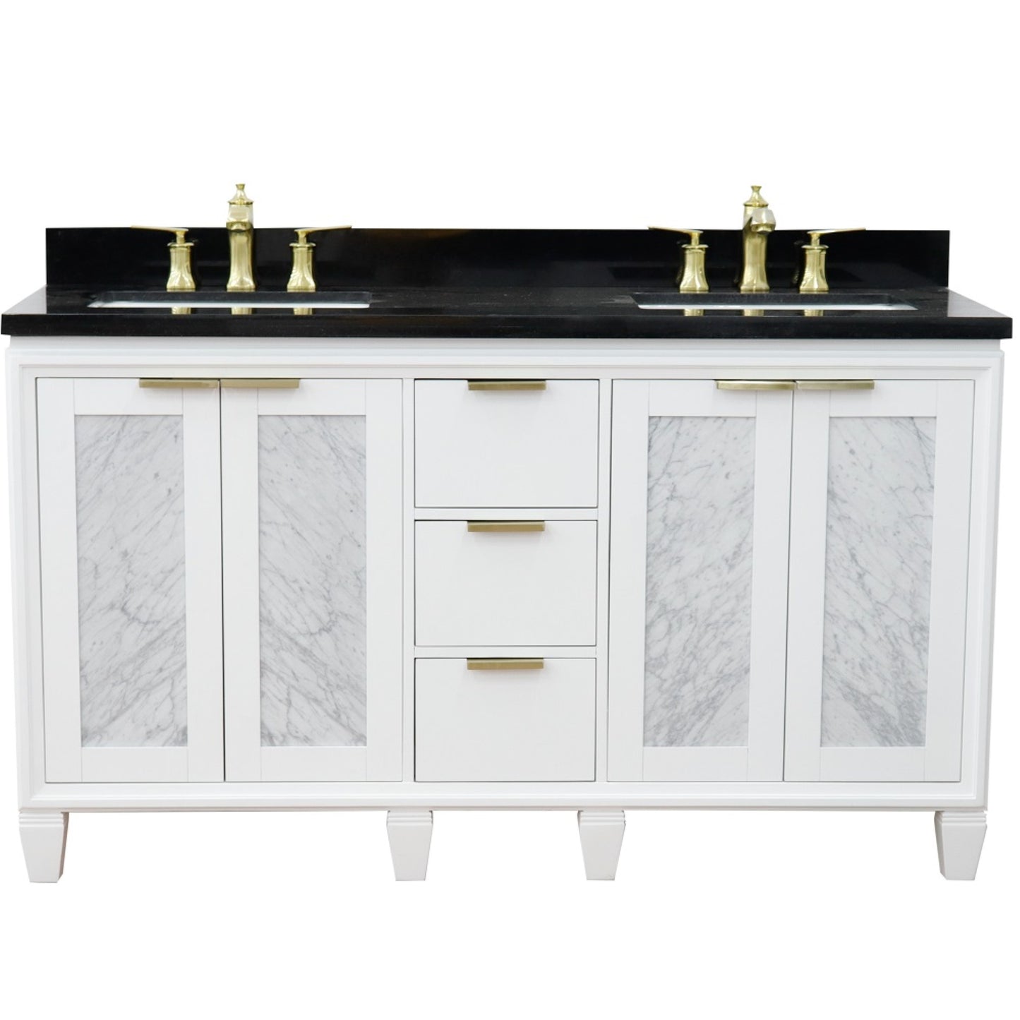 61" Double sink vanity in White finish with Black galaxy granite and rectangle sink