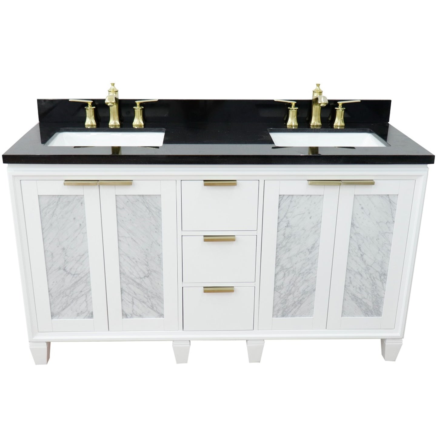 61" Double sink vanity in White finish with Black galaxy granite and rectangle sink