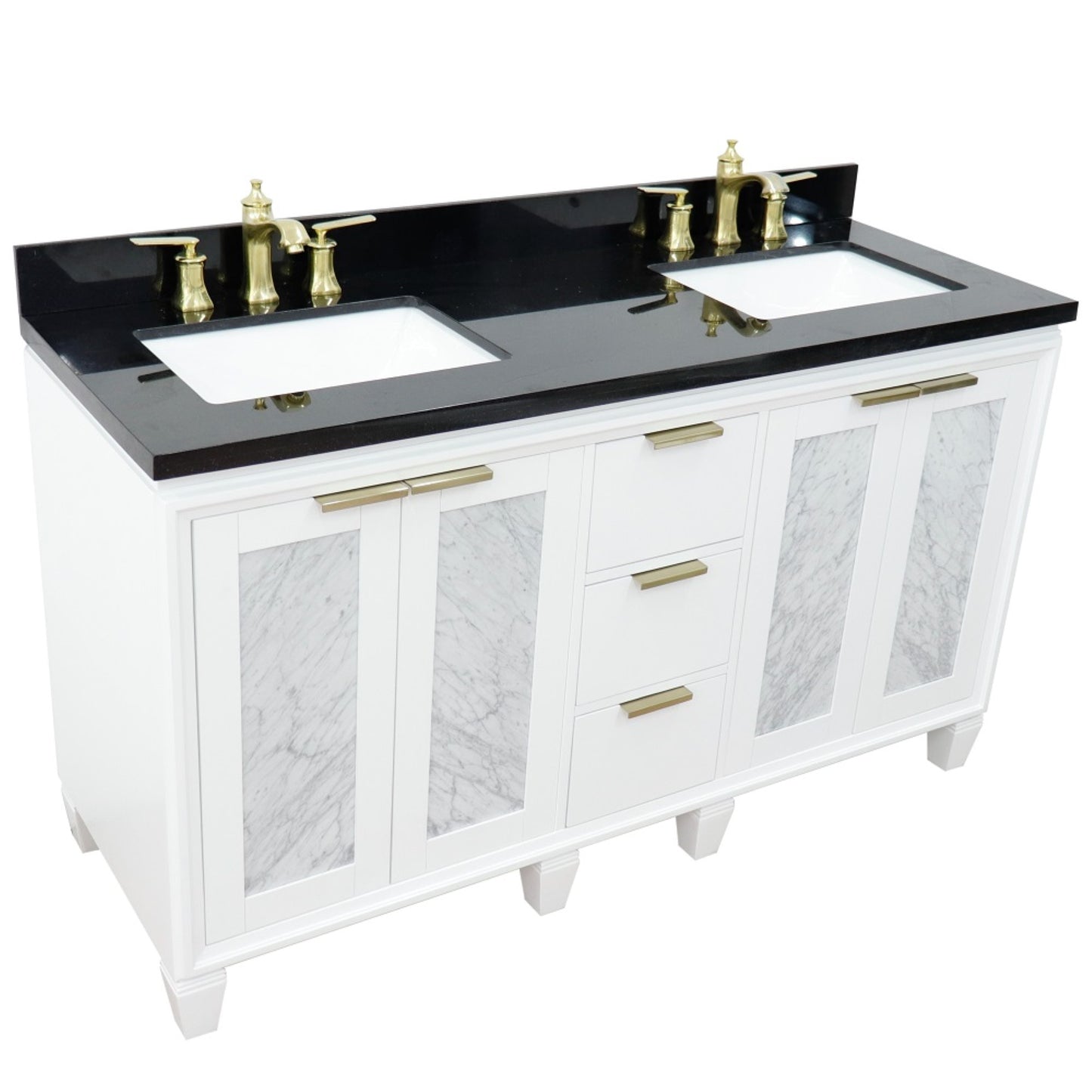 61" Double sink vanity in White finish with Black galaxy granite and rectangle sink